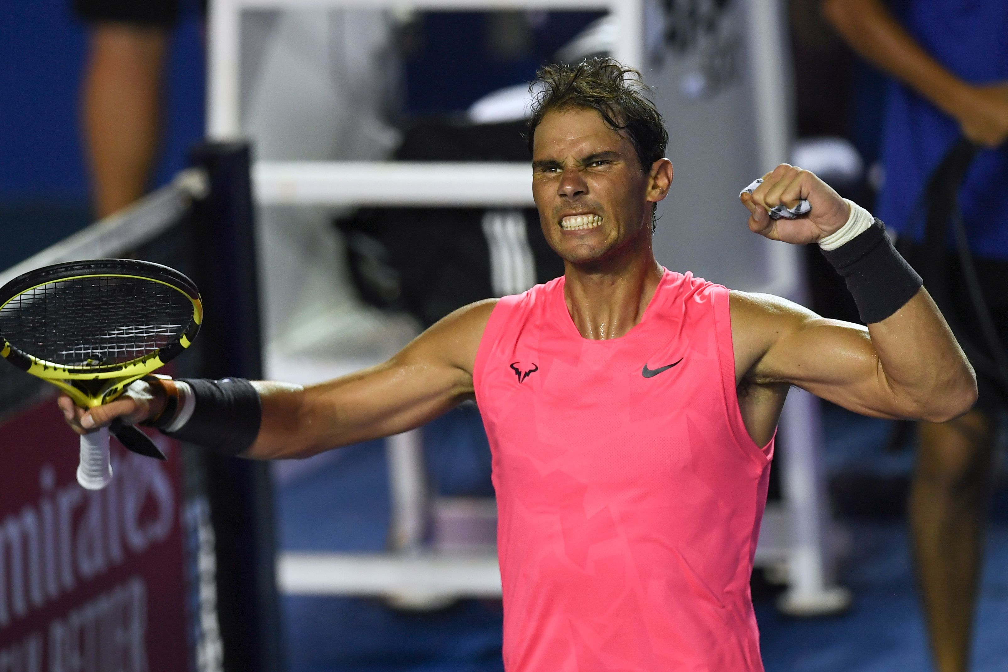 Rafael Nadal merayakan kemenangannya setelah mengalahkan pemain Serbia Miomir Kecmanovic