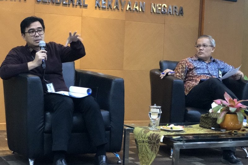 Direktur  Pengadaan dan Pendanaan LMAN Qoswara serta Direktur BMN DJKN Encep Sudarwan saat diskusi di kantor DJKN 