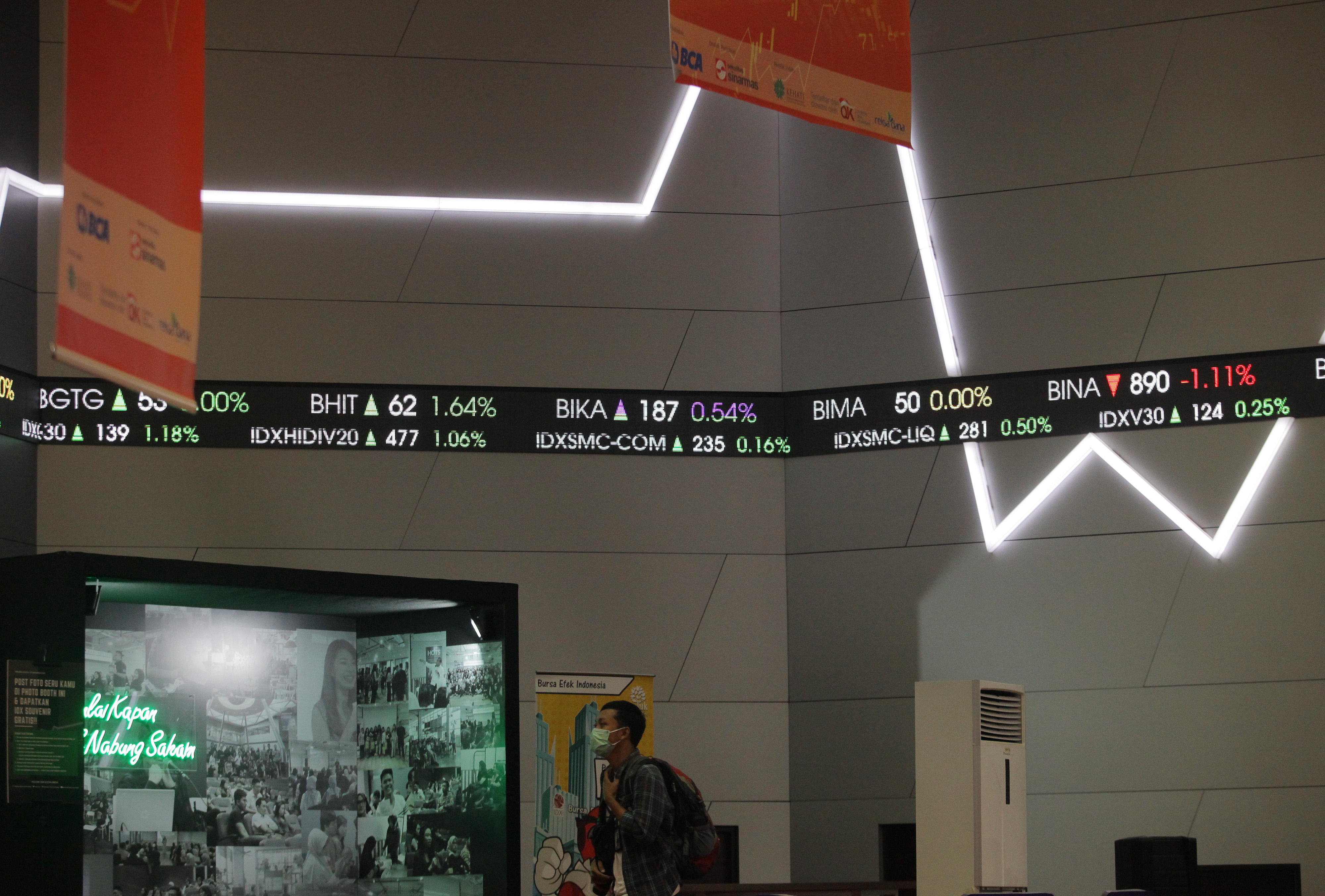 Pengunjung melintas di depan layar pergerakan harga saham di Bursa Efek Indonesia. 