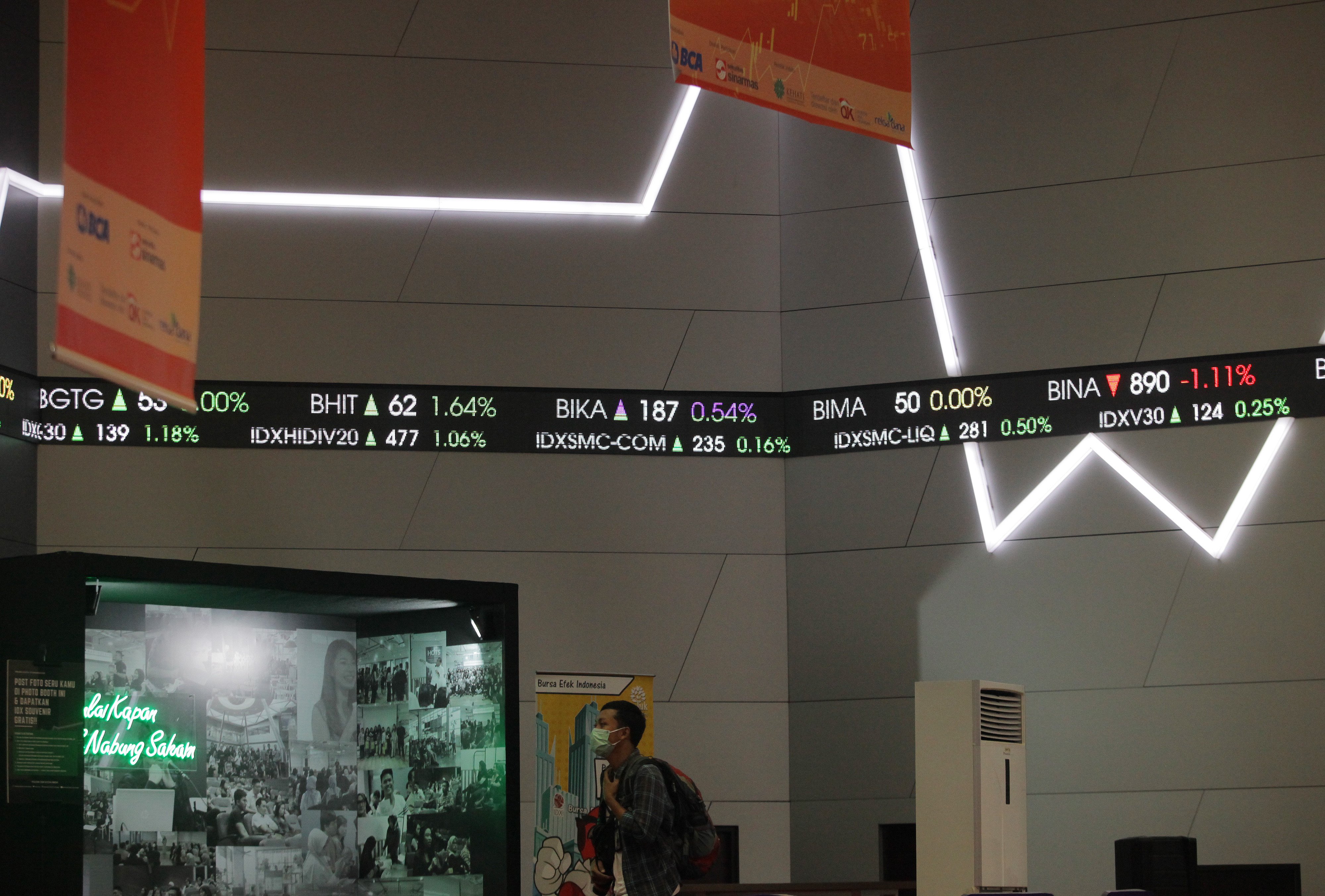 Pengunjung beraktivitas di depan layar pergerakan Indeks Harga Saham Gabungan (IHSG) di galeri PT Bursa Efek Indonesia (BEI).