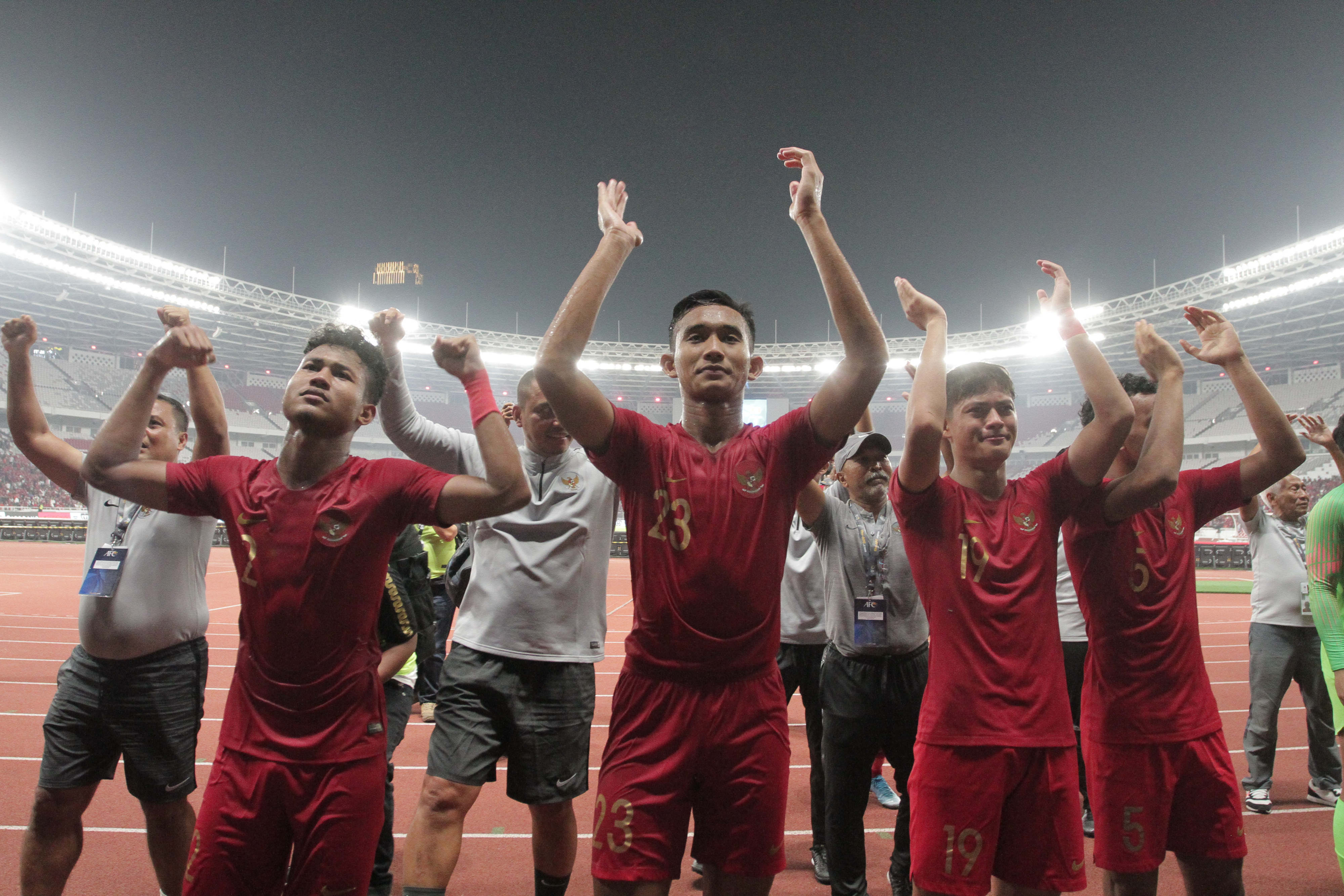 Pemain timnas Indonesia U19 (ki-ka) Amirudin Bagus, Rizky Ridho Ramadhani dan Alfeandra Dewangga