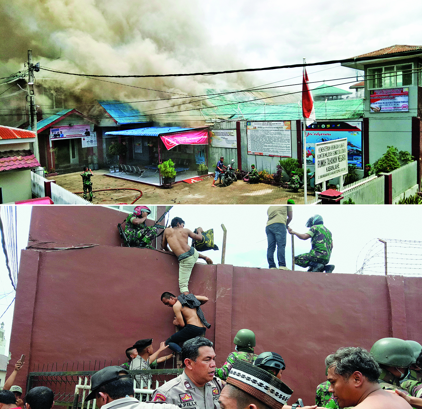 Asap mengepul dari salah satu ruangan yang terbakar akibat kerusuhan di Rumah Tahanan Negara (Rutan) Kabanjahe, Tanah Karo, Sumatra Utara.