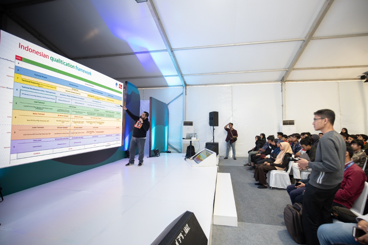 CEO Kumata Studio Daryl Wilson sedang memberikan materi kepada para siswa/i SMK yang mengikuti Maret Festival di SMK Raden Umar Said, Kudus.