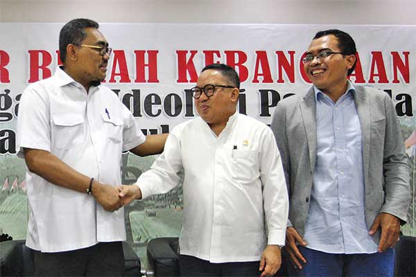 Pengamat komunikasi politik UGM Nyarwi Ahmad, Wakil Ketua Badan Sosialisasi MPR RI Syaifullah Tamliha, dan Wakil Ketua MPR RI Jazilul Fawaid