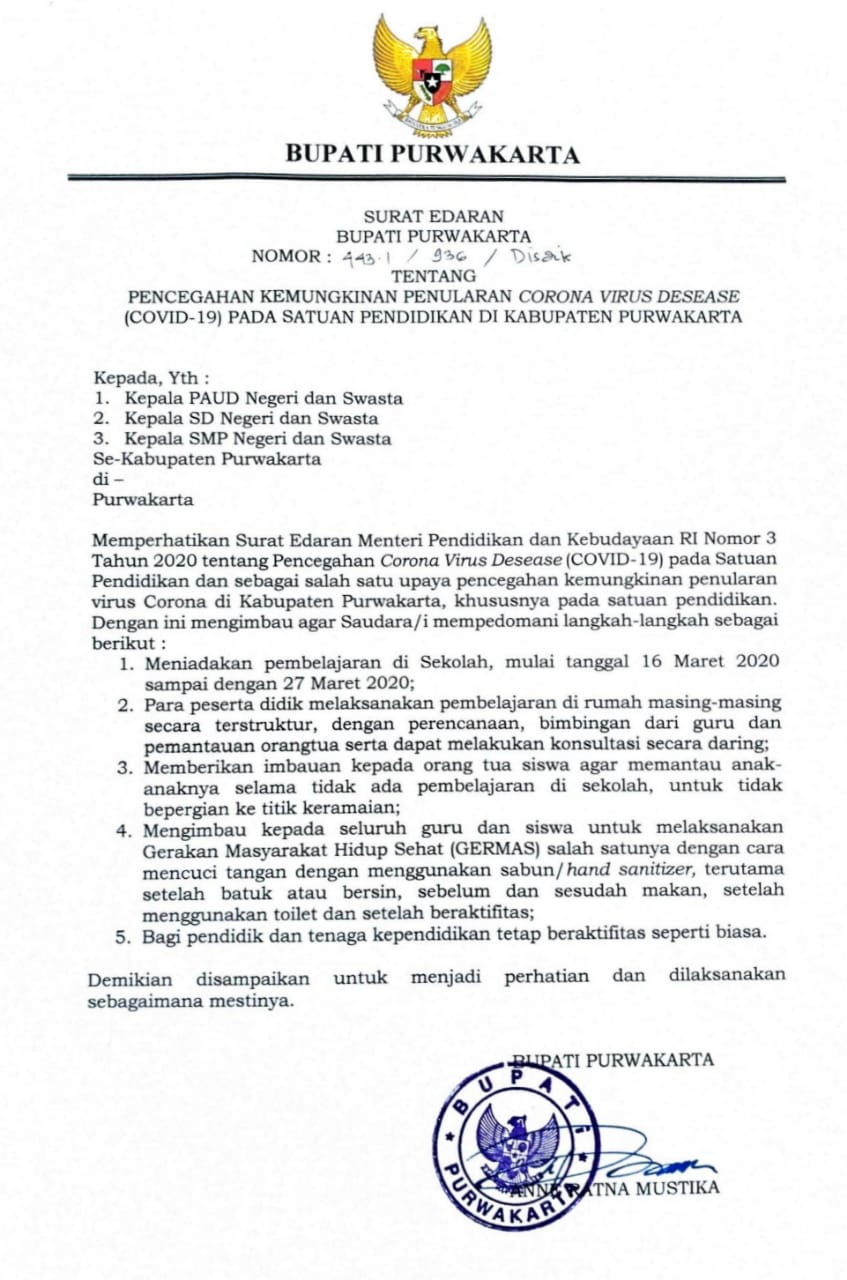  Surat edaran Bupati Purwakarta, Anne Ratna Mustika liburkan sekolah.