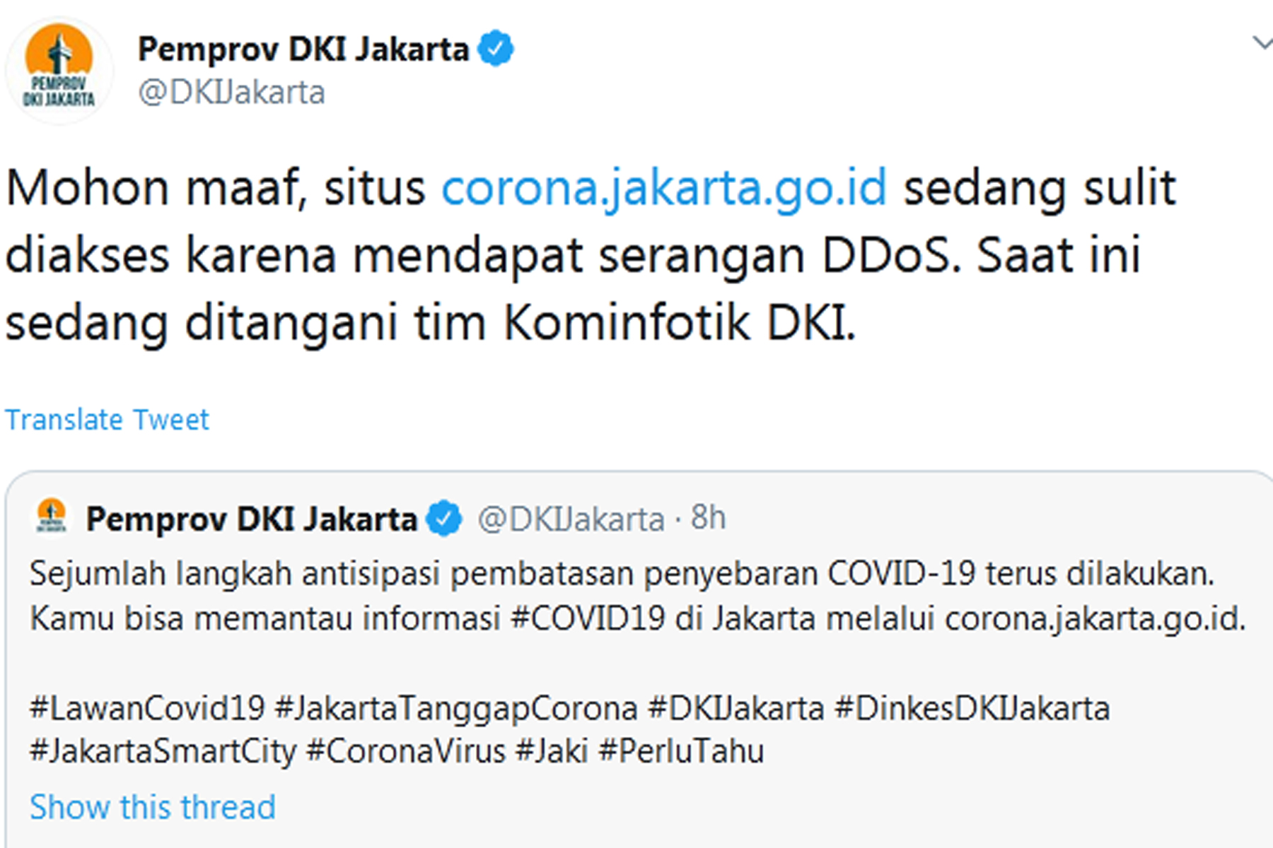 Pengumuman di akun Twitter terverifikasi milik Pemprov DKI Jakarta