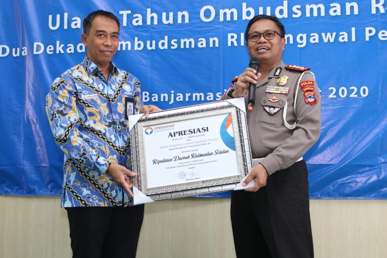 Polda Kalimantan Selatan mendapat penghargaan dari Ombdusman dalam pelayanan publik, Selasa (10/3/2020).