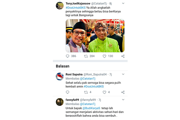 Tangkapan layar cuitan untuk kesembuhan Menhub Budi Karya Sumadi