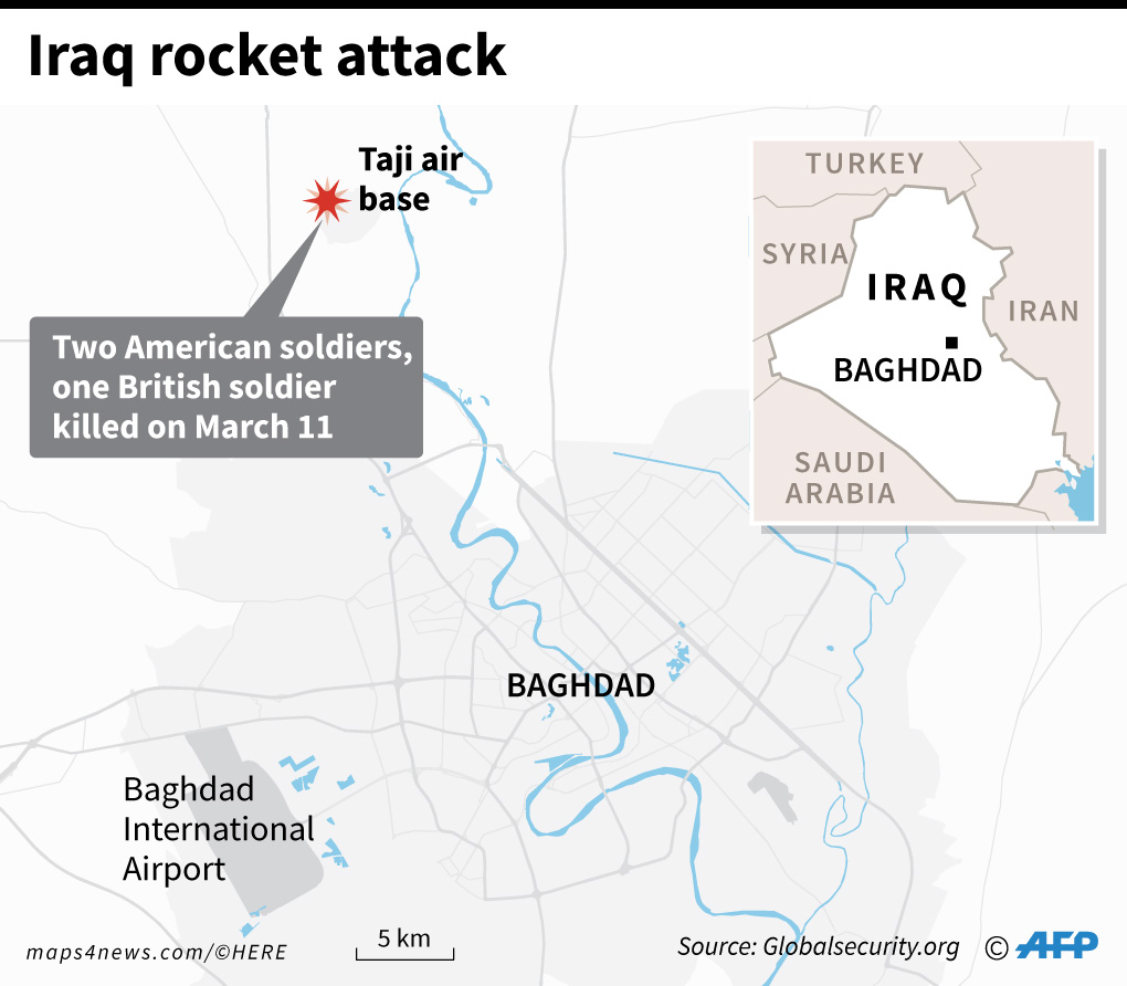 Peta lokasi pangkalan udara Taji di utara Bagdhad tempat dua tentara Amerika dan seorang tentara Inggris tewas dalam serangan roket  