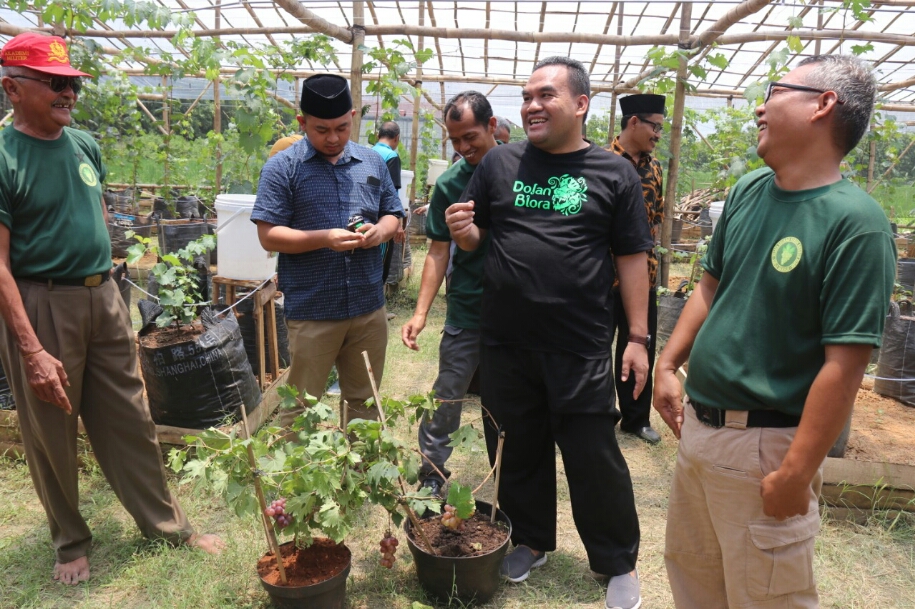 Para pengunjung menikmati buah anggur di Wahana wisata edukasi buah anggur Kabupaten Blora, Minggu (8/3/2020).
