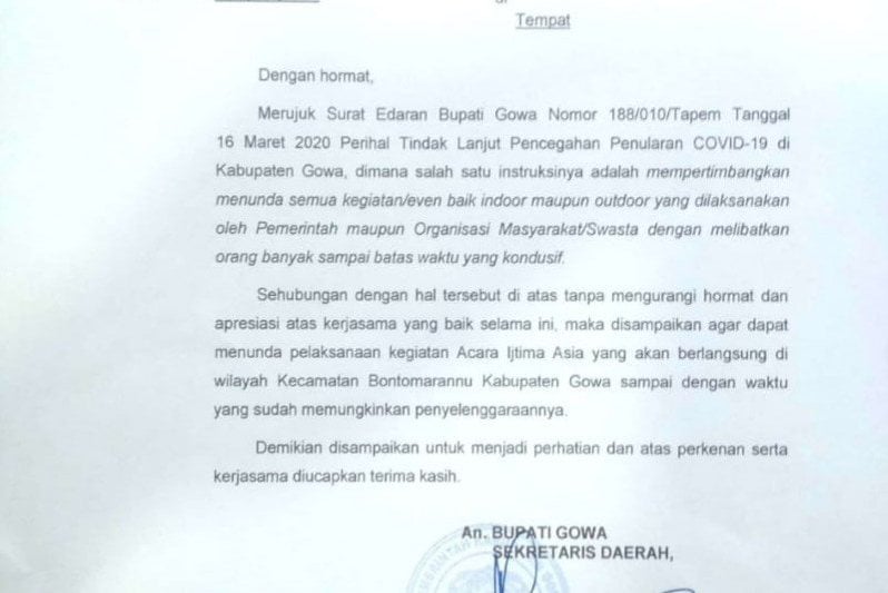Surat edaran Bupati Gowa Adnan Purichta soal penundaan Ijtima Ulama Zona Asia 2020