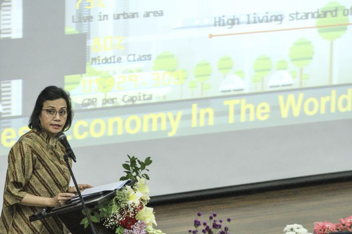 Menteri Keuangan Sri Mulyani saat menyampaikan pidato.