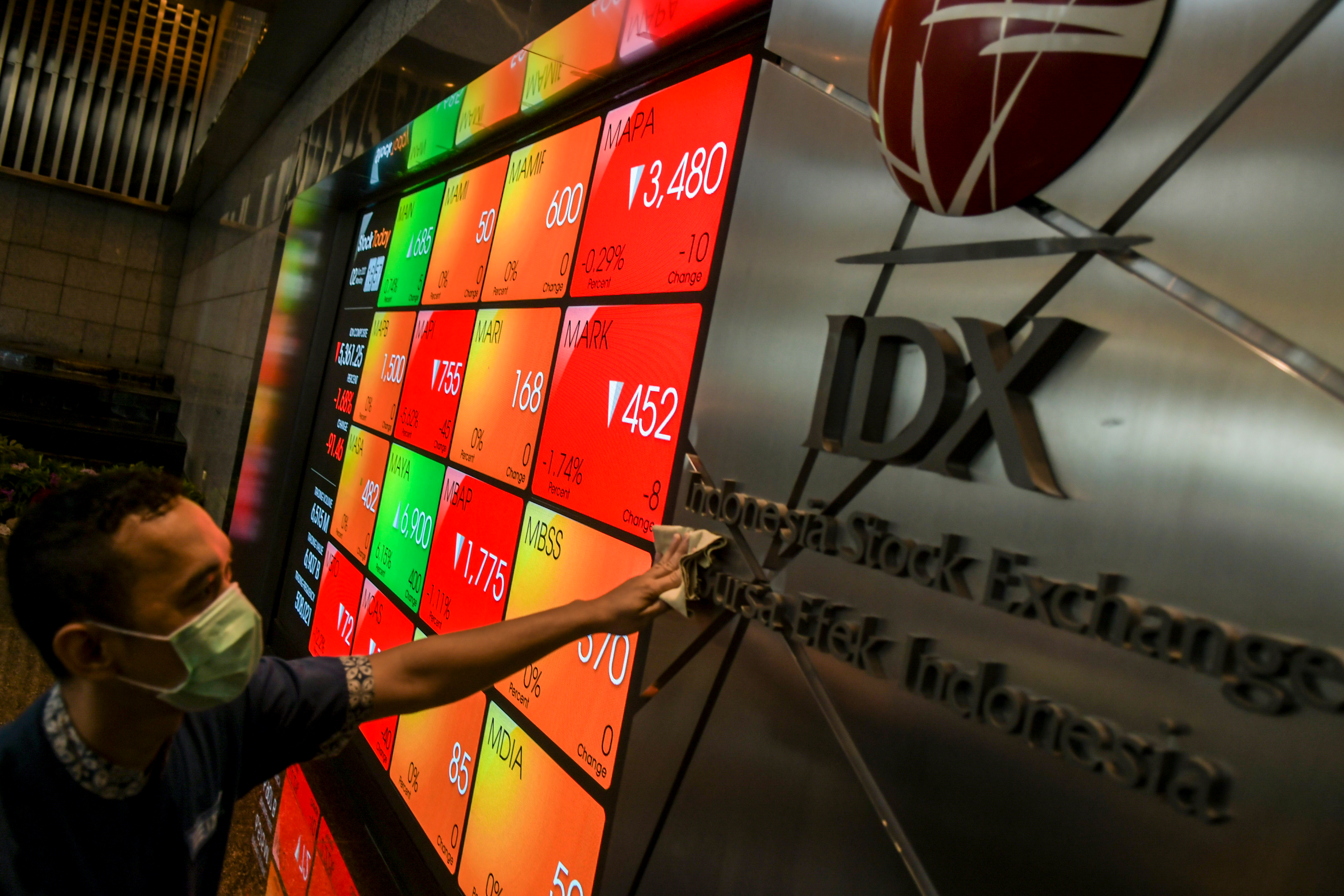 Karyawan melintas di dekat layar pergerakan saham di gedung Bursa Efek Indonesia, Jakarta, Senin (2/3/2019). 