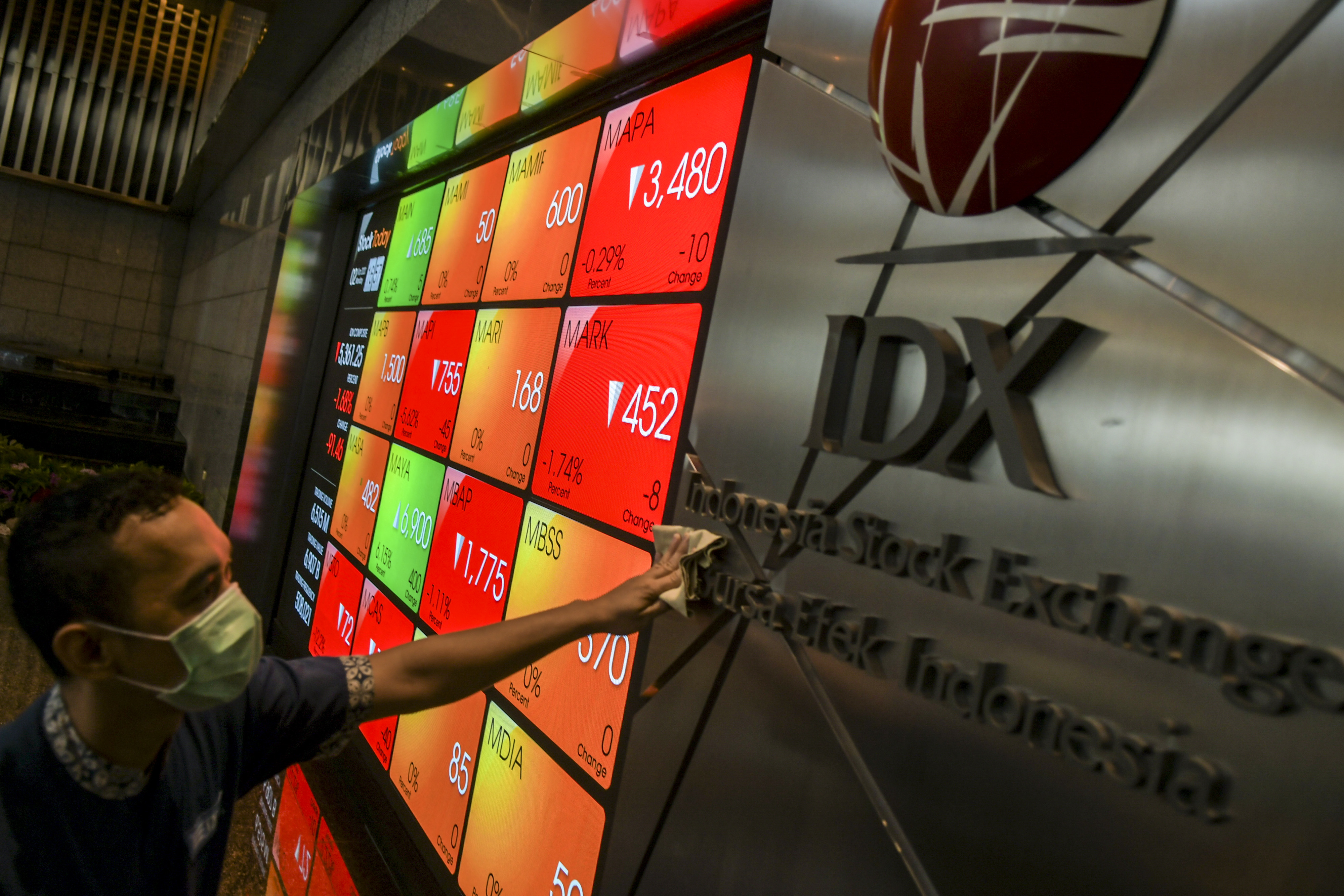 Karyawan melintas di dekat layar pergerakan saham di gedung Bursa Efek Indonesia, Jakarta, Senin (2/3/2019)