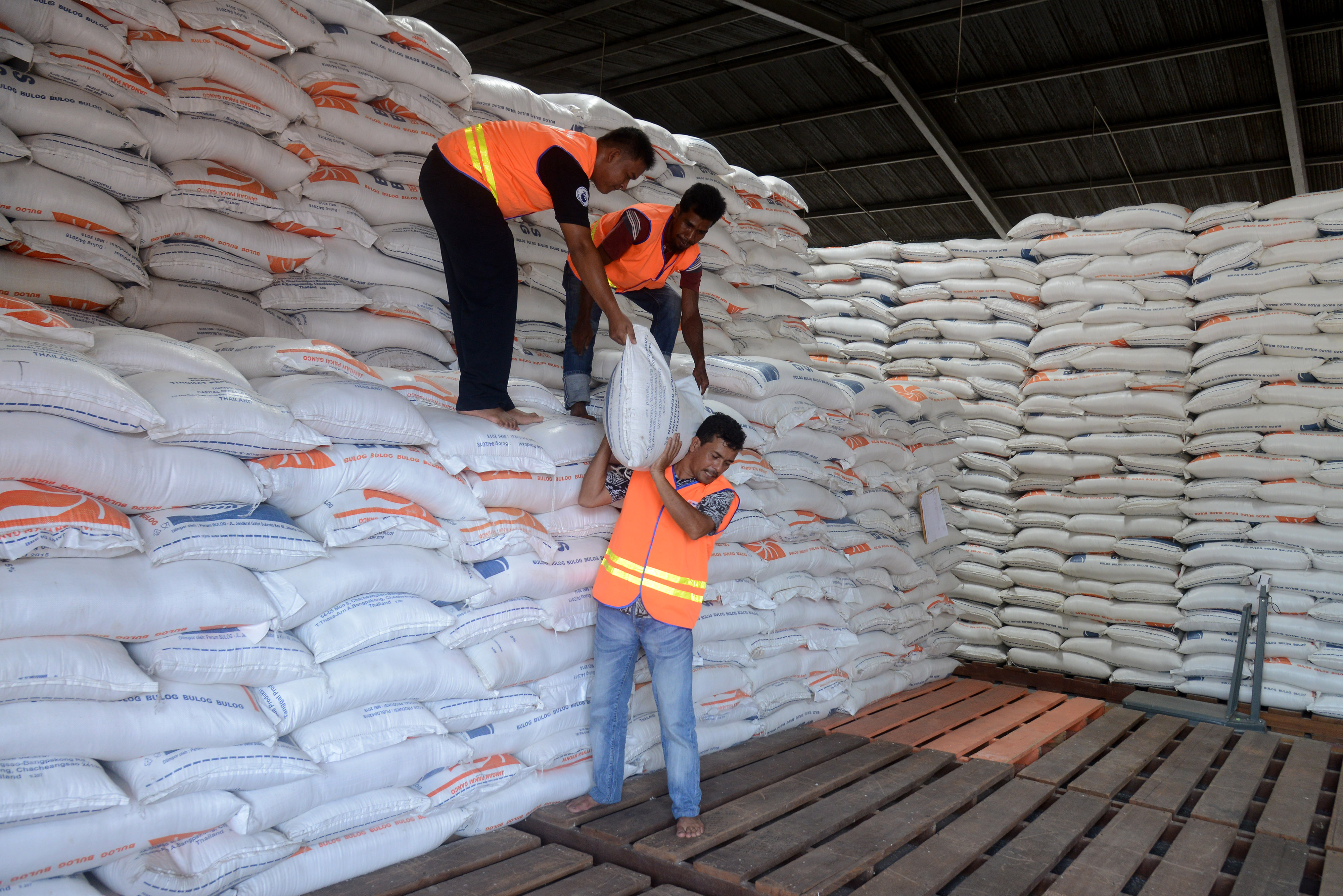 Pekerja mengangkut beras di gudang induk Perum Bulog Divisi Regional (Divre) Aceh, Desa Lambaro.