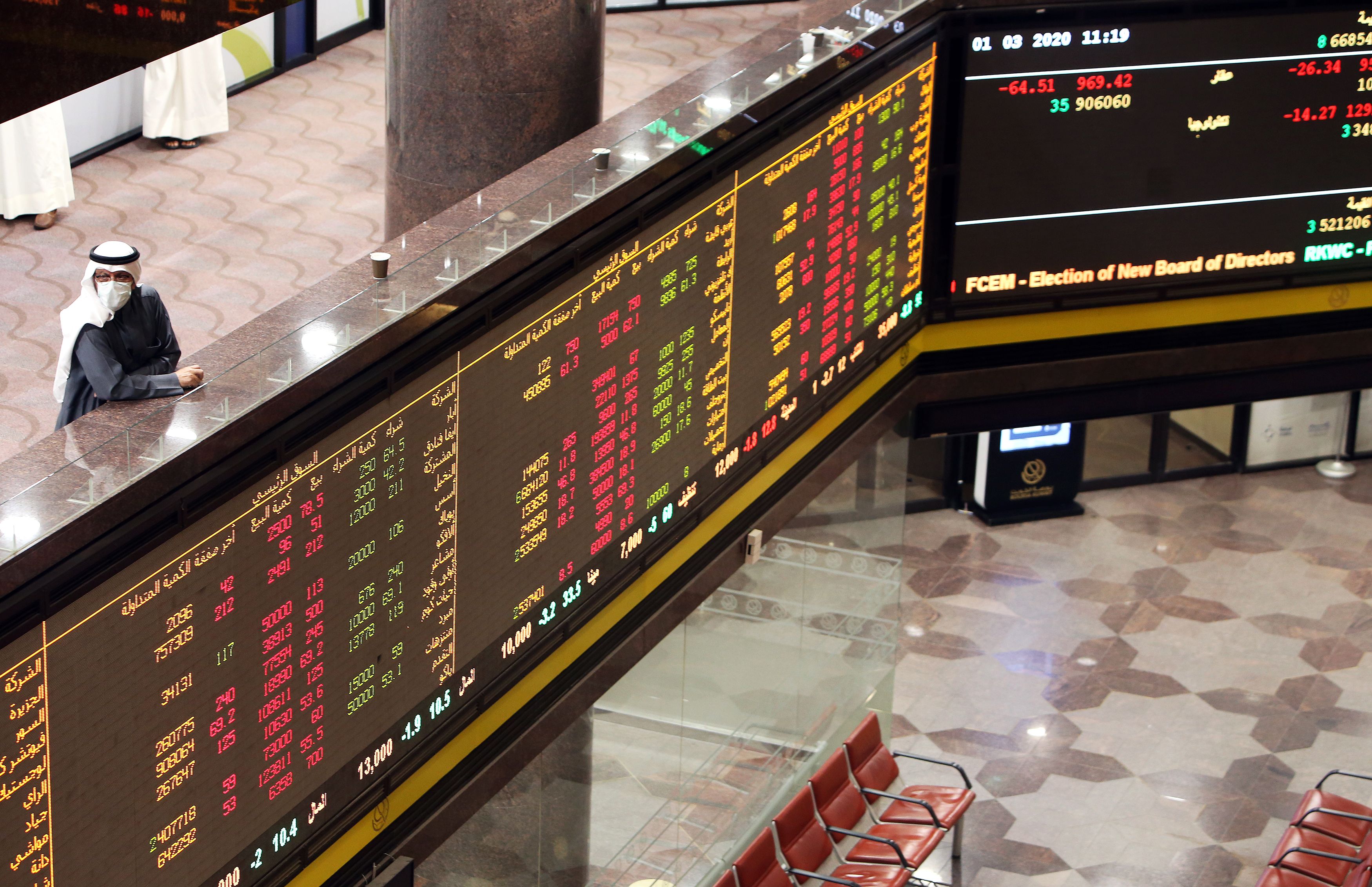 Trader di bursa saham Kuwait menggunakan masker