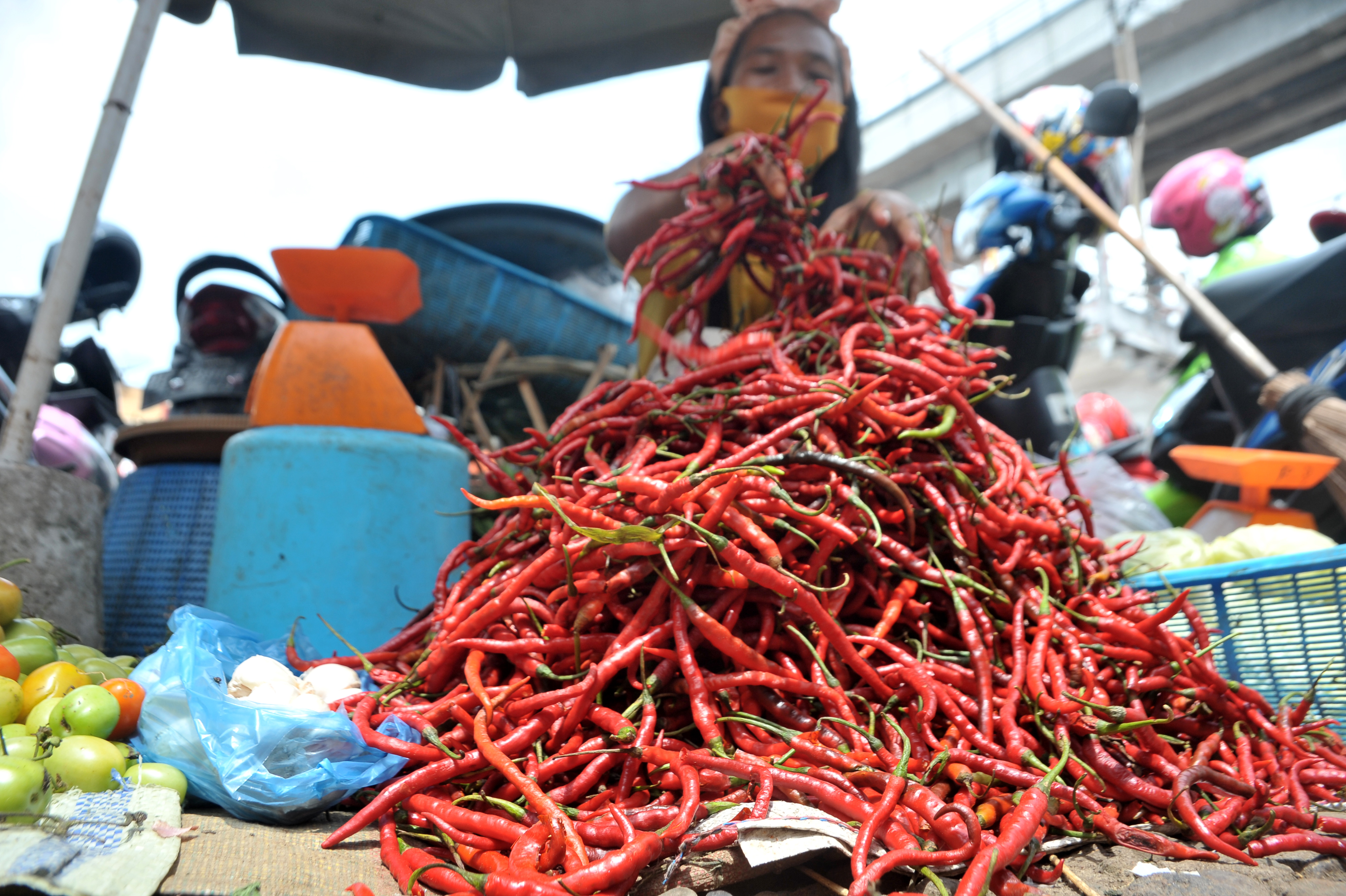 Penjual menunjukkan stok cabai dagangannya di Pasar Palima Palembang,Sumsel, Kamis (23/4).