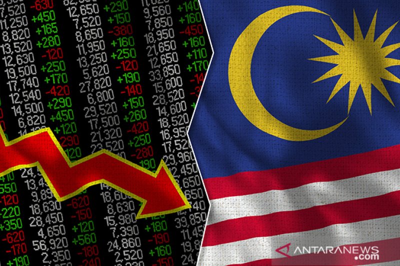 Bendera Malaysia dan Bursa Efek, Grafik Pasar Saham dengan panah merah turun. 