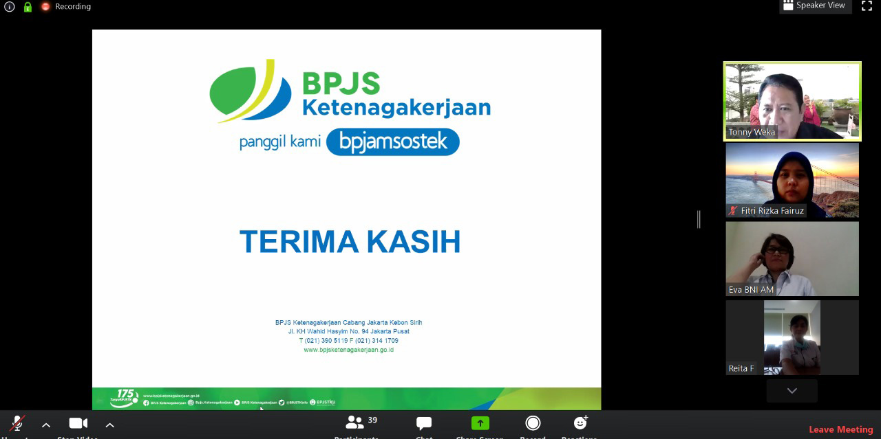  Sosialisasi program dan manfaat BPJAMSOSTEK melalui media video conference selama penerapan PSBB di Jakarta.