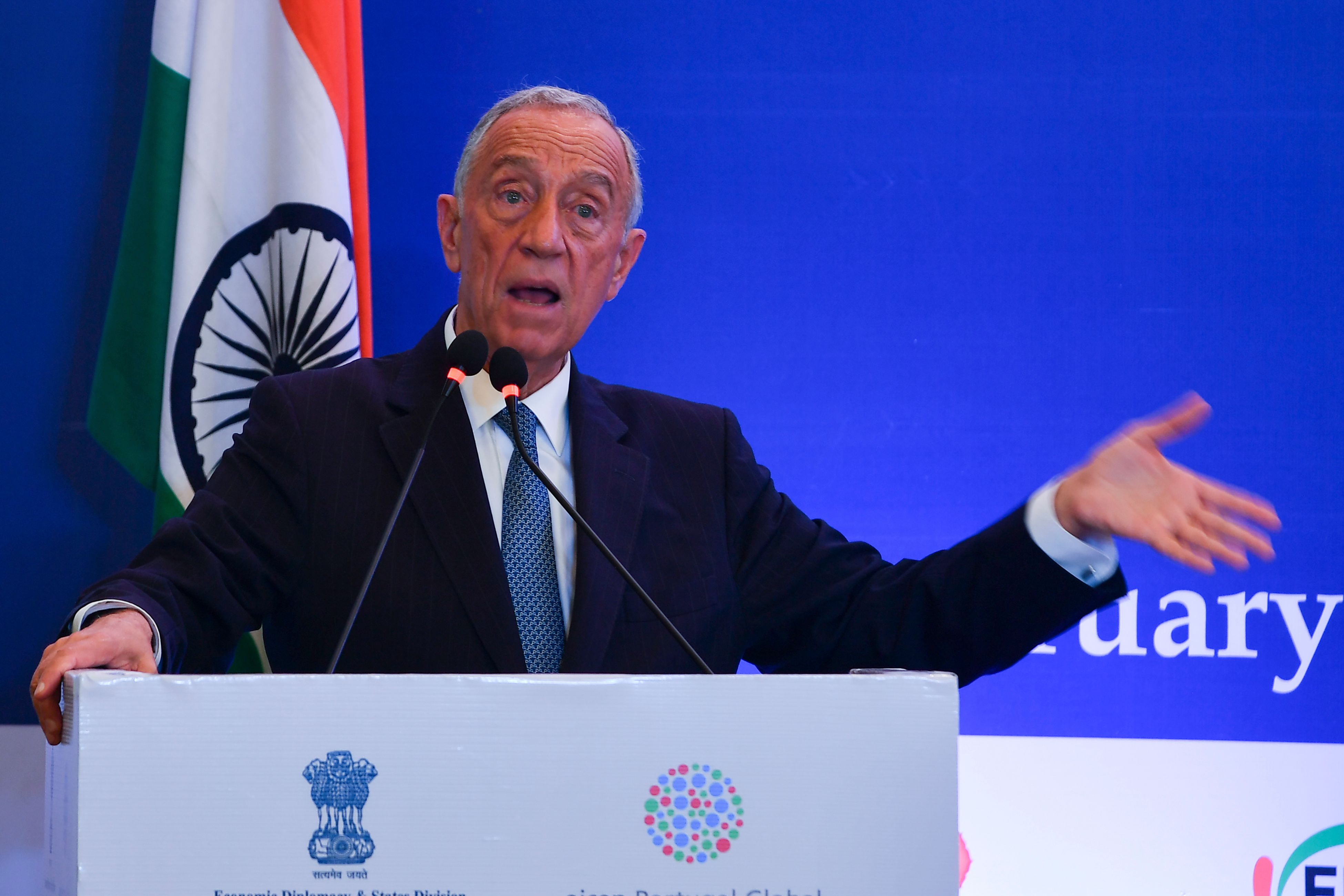 Presiden Portugal Marcelo Rebelo de Sousa sedang berpidato di forum bisnis di Mumbai pada 15 Februari 2020