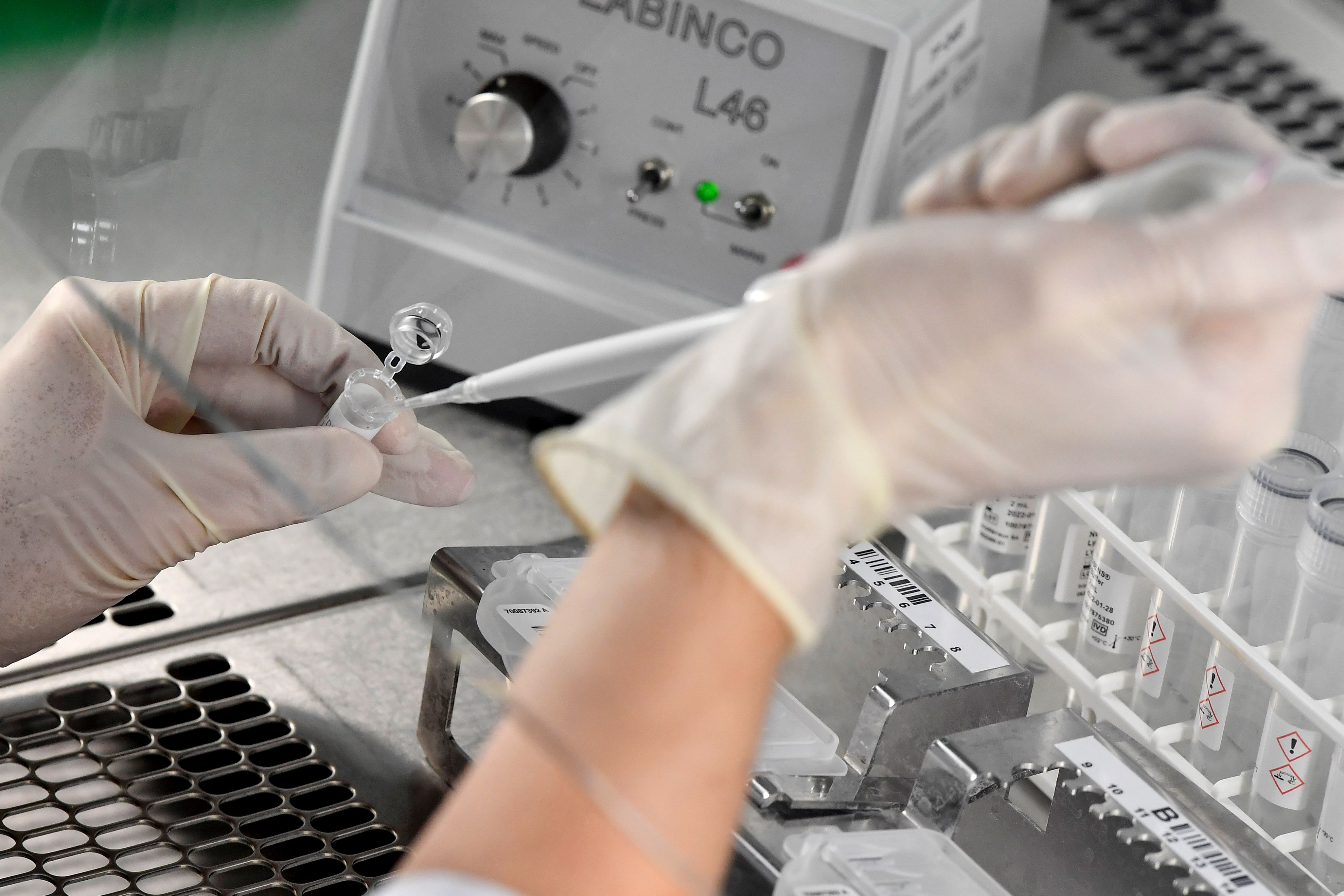 Ilustrasi seorang petugas laboratorium menguji spesimen terduga covid-19.