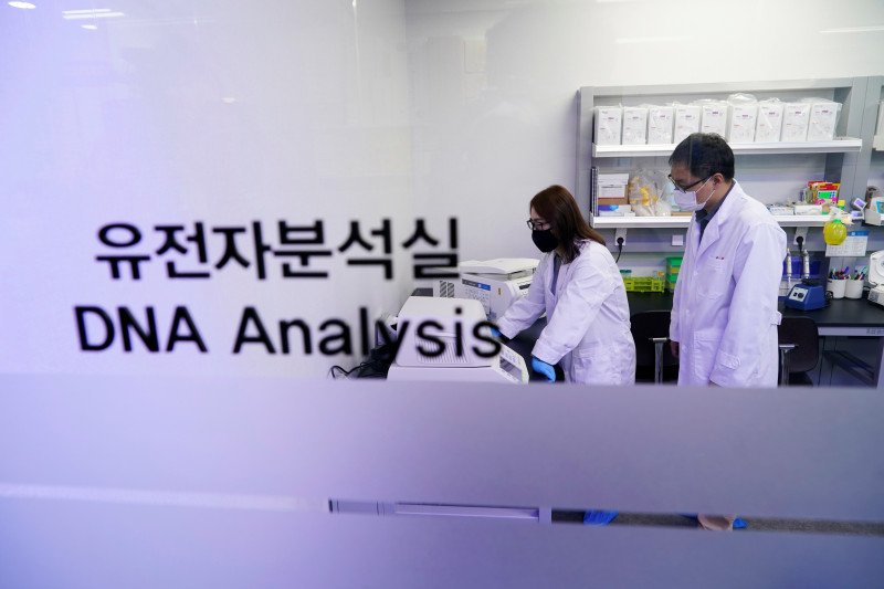 Para peneliti mendemonstrasikan sampel iLAMP Novel-Coronavirus Detection Kit di kantor iONEBIO's di Seongnam, Korea Selatan.