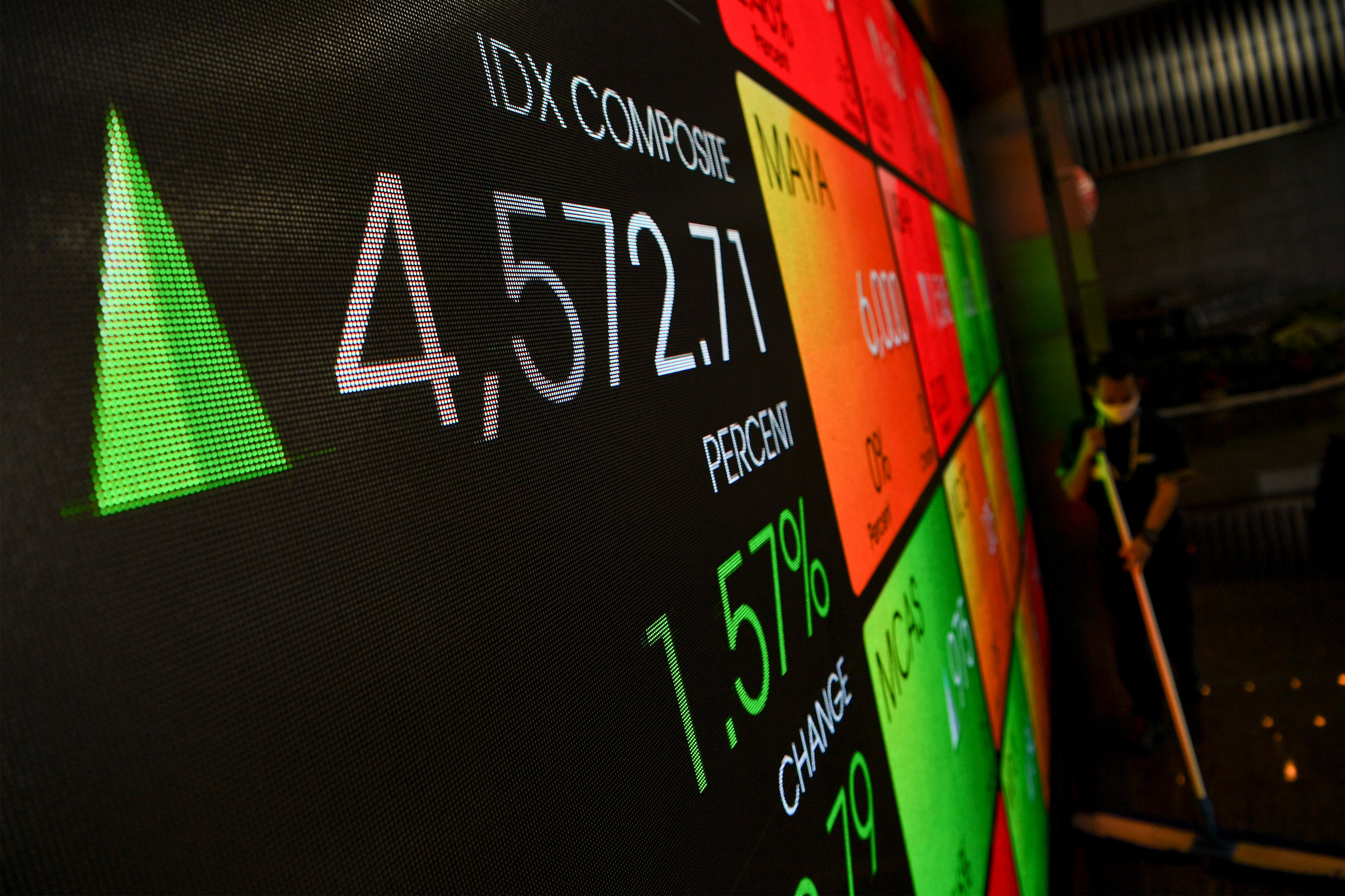 Layar menampilkan pergerakan saham di Bursa Efek Indonesia, Jakarta, Rabu (22/4). 