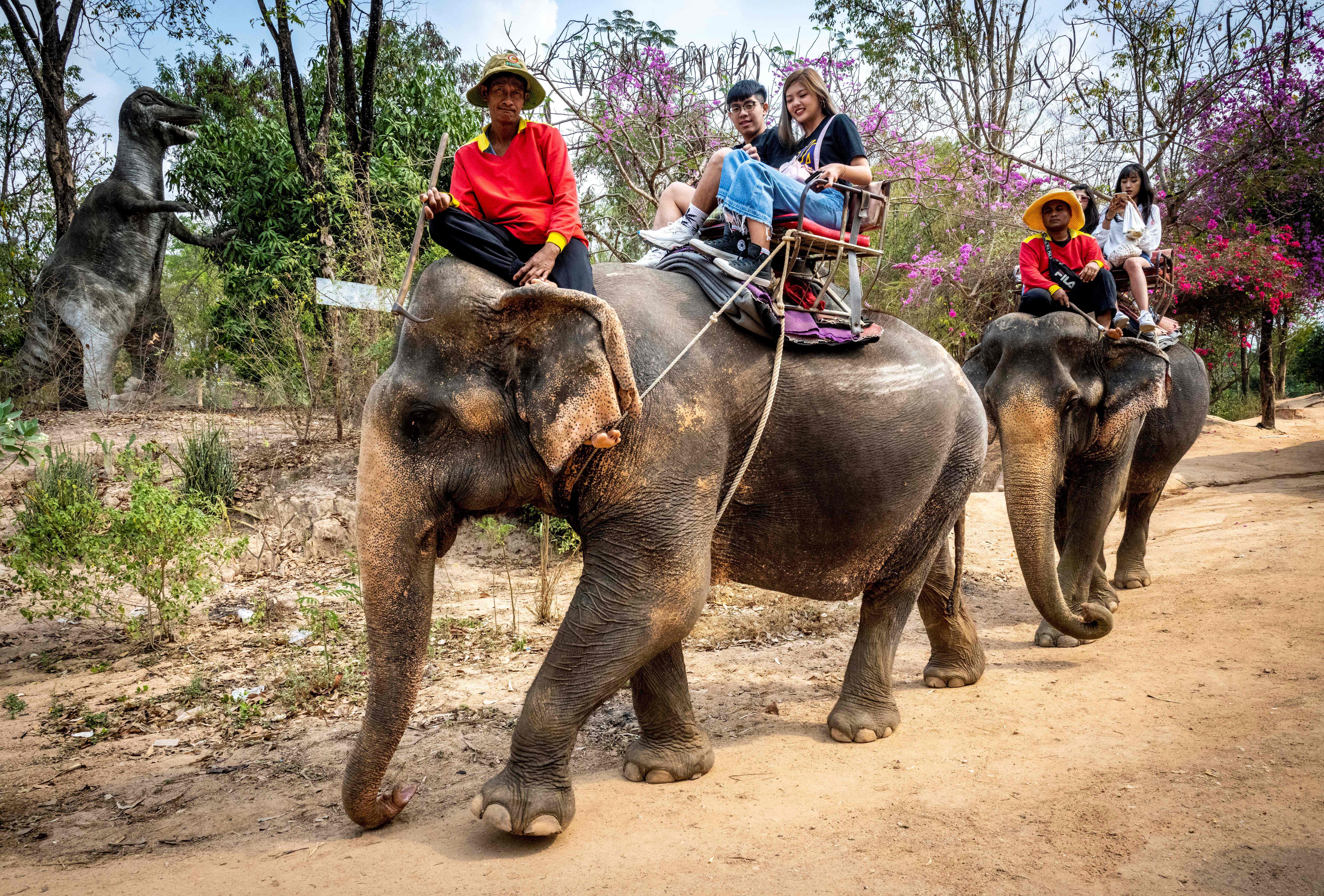 Sejumlah turis menikmati perjalanan dengan menumpangi gajah di Chang Siam Park, Pattaya, Thailand.