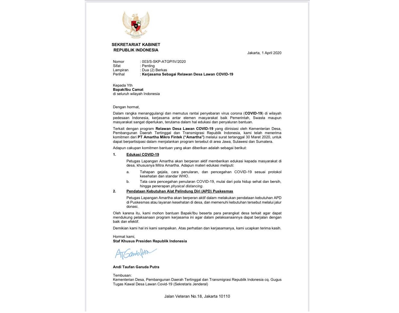 Surat dari Staf Khusus Presiden Joko Widodo, Andi Taufan Garuda Putra kepada para camat se Indonesia yang menyebar di media sosial.