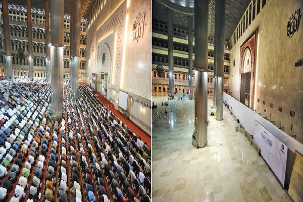 (Foto kanan) Suasana lengang karena tidak ada pelaksanaan salat Tarawih berjemaah di Masjid Istiqlal, Jakarta, kemarin.
