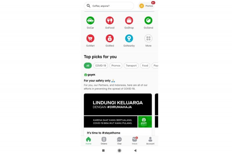 Tangkapan layar aplikasi Gojek tanpa GoRide.
