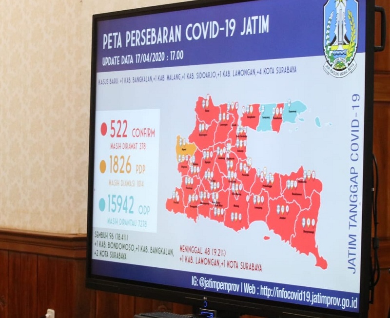 Peta sebaran virus korona di Jawa Timur. 