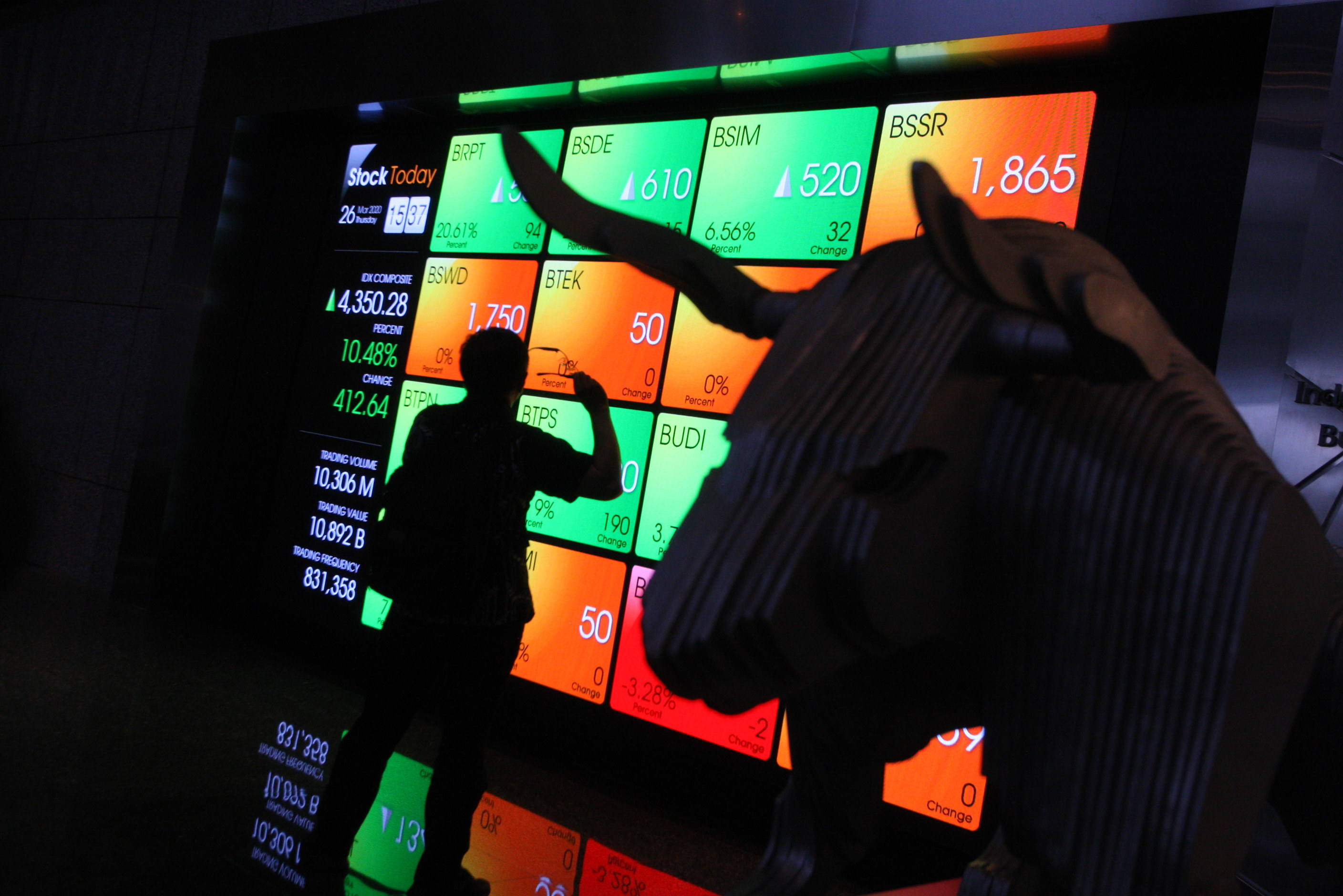Seorang karyawan memantau pergerakan saham di Bursa Efek Indonesia (BEI) Jakarta.