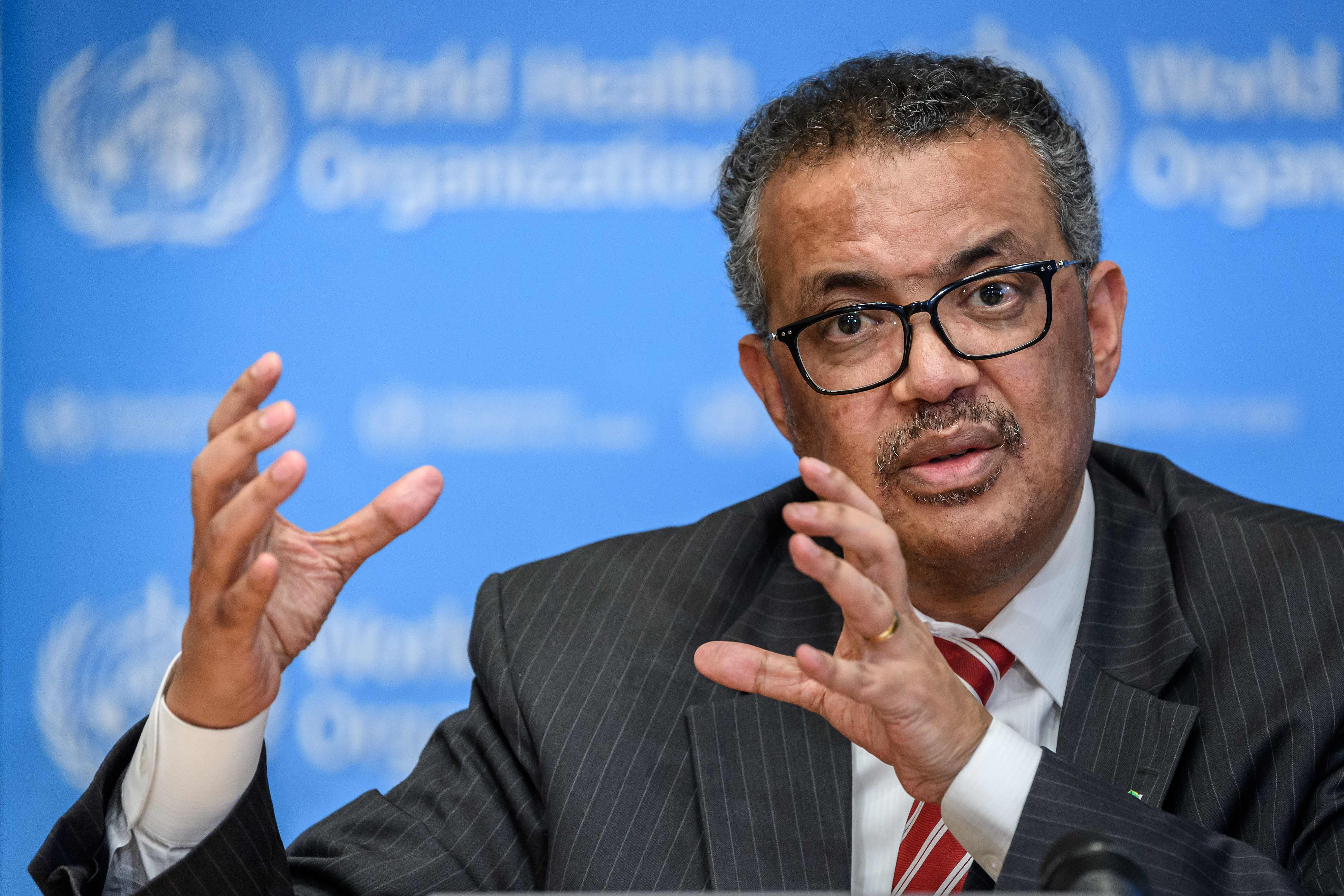 Direktur Jenderal WHO, Tedros Adhanom Ghebreyesus, saat memberikan keterangan pers.
