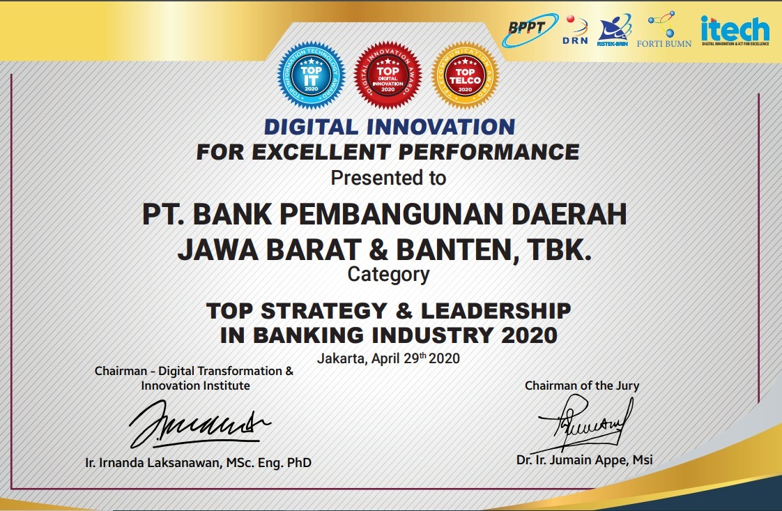 Bank BJB meraih penghargaan TOP Digital Innovation Award 2020.