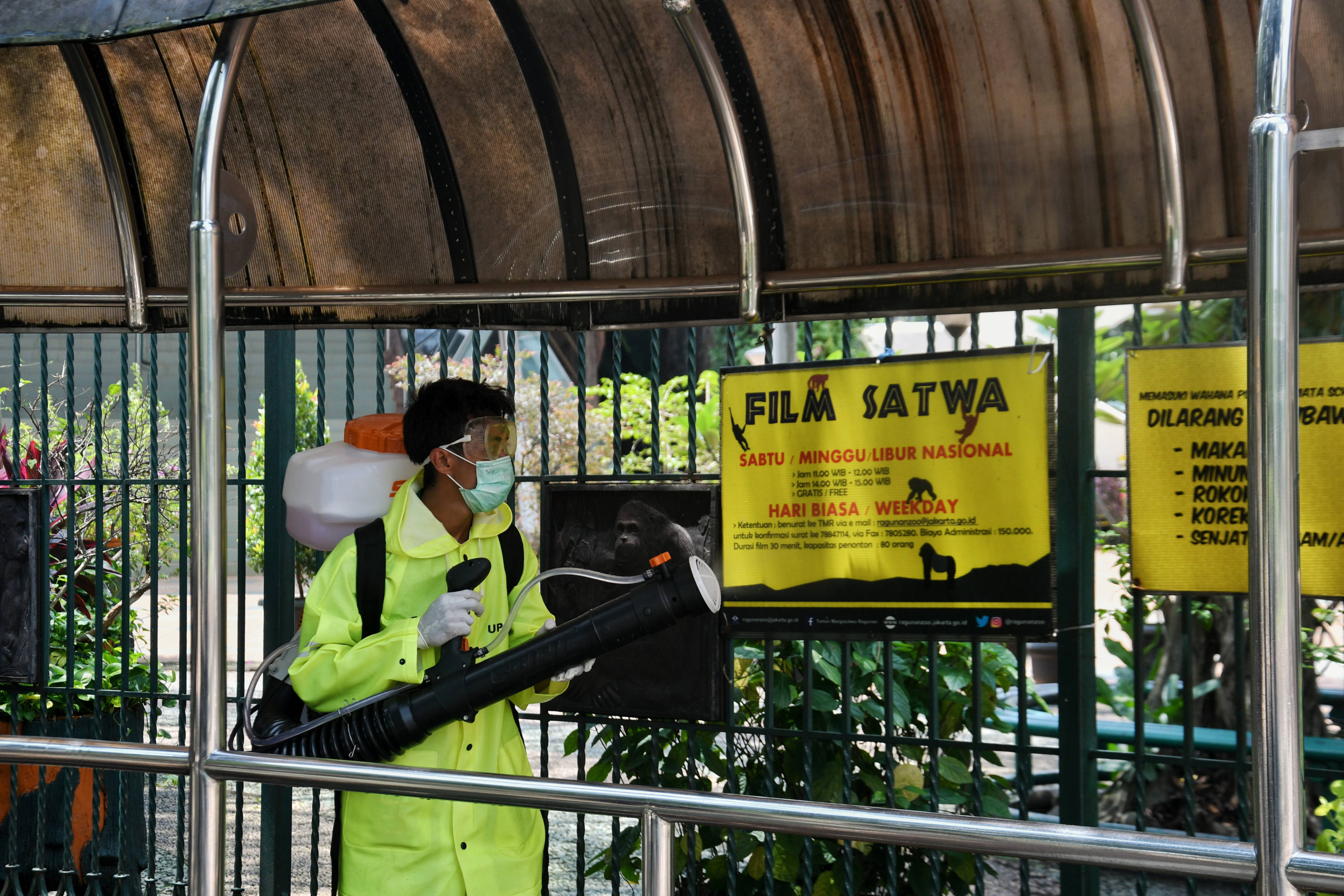 Petugas menyemprotkan dIsinfektan di Kebun Binatang Ragunan, Jakarta Selatan, Selasa (17/03/2020). 