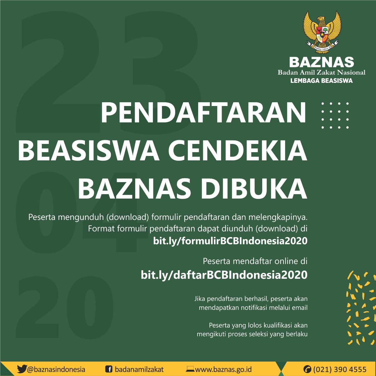 Baznas) membuka pendaftaran beasiswa untuk mahasiswa perguruan tinggi yang berasal dari keluarga tidak mampu.