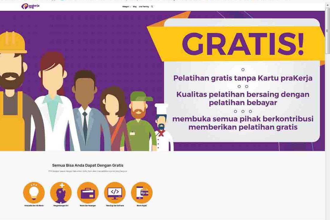 Tampilan beranda di laman prakerja.org
