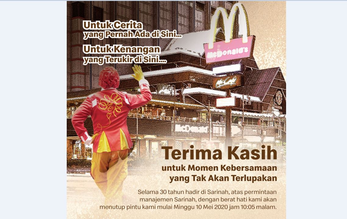 McDonald's yang ada di Sarinah, Thamrin akan tutup pada Minggu (10/5).