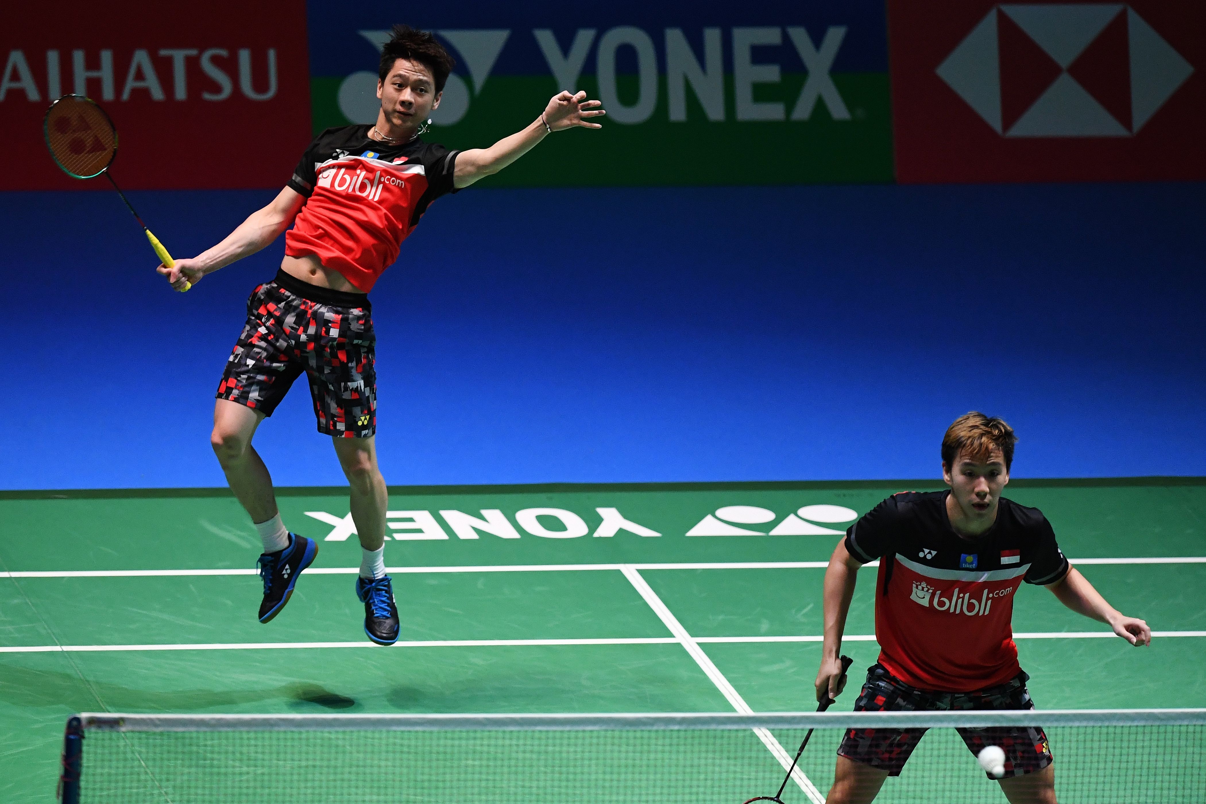 Pebulu tangkis Kevin Sanjaya dan Marcus Gideon dalam Turnamen Jepang Terbuka
