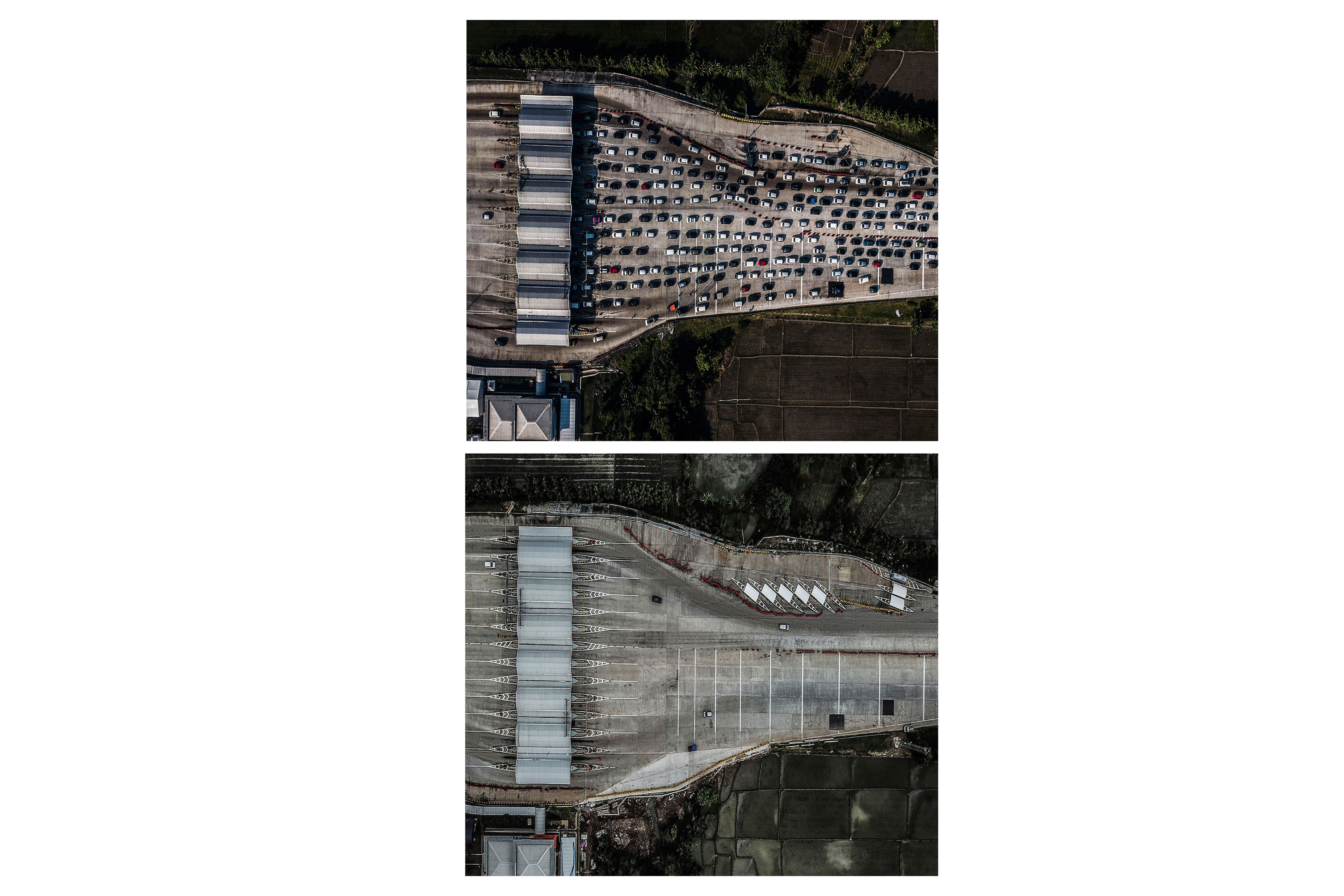 Kolase perbandingan suasana arus kendaraan di Gerbang Tol Palimanan, Cirebon, Jawa Barat, Sabtu (1/6/2019) dan Kamis (21/5/2020). 