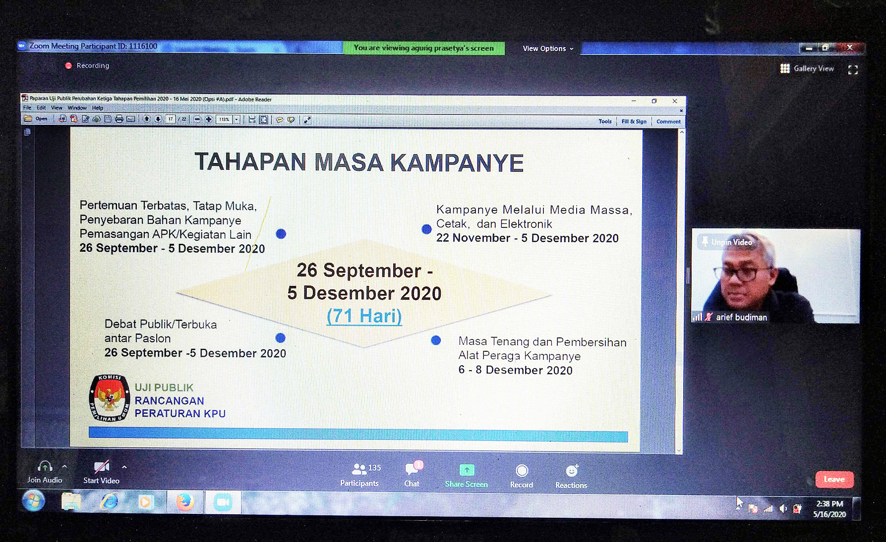 Ketua KPU RI Arief Budiman dalam uji publik online Rancangan Peraturan KPU tentang perubahan tahapan, di Jakarta.