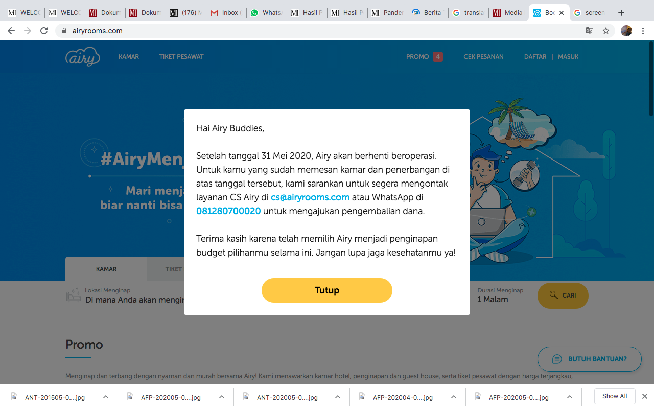 Airy Rooms memutuskan untuk menghentikan semua kegiatan operasionalnya pada 31 Mei 2020