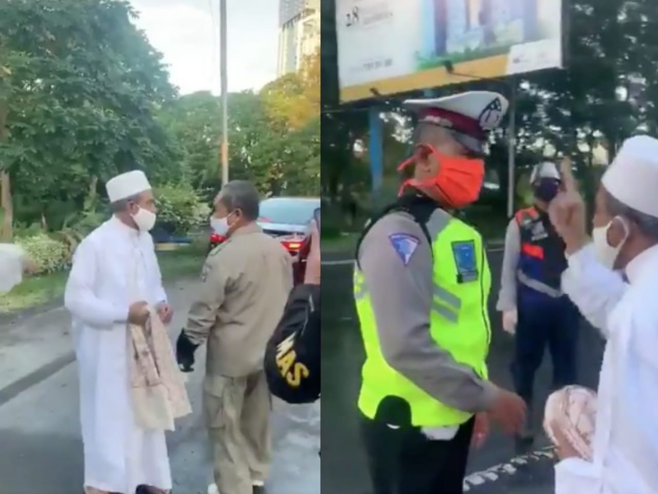 Foto tangkapan layar video seorang pria berjubah marah saat ditegur oleh aparat kepolisian.
