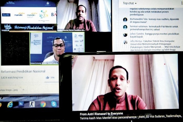 Menteri Pendidikan dan Kebudayaan Nadiem Anwar Makarim menyampaikan pemaparan dalam kuliah umum Reformasi Pendidikan Nasional