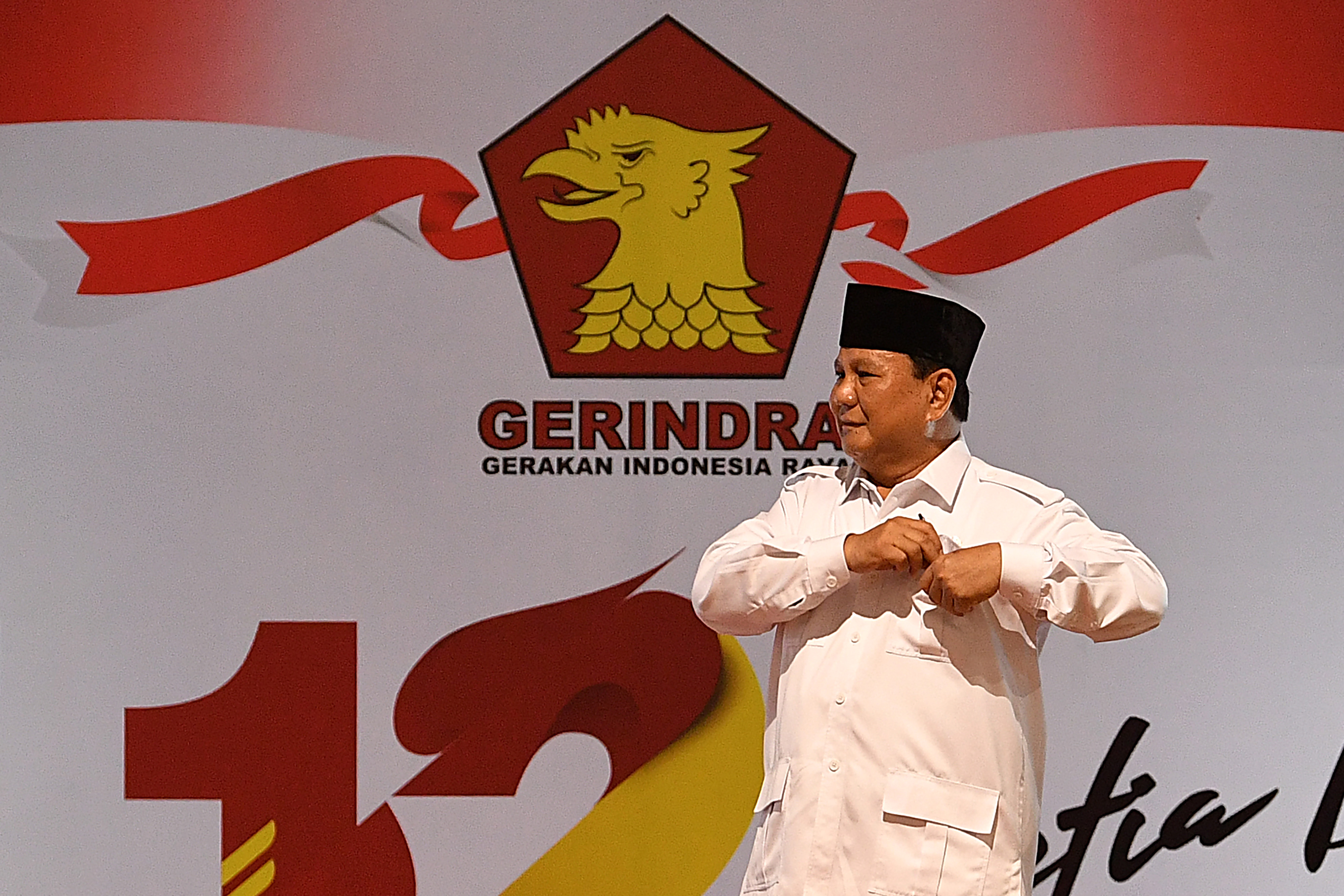 Ketua Dewan Pembina Partai Gerindra Prabowo Subianto saat menyampaikan pengarahan dalam peringatan HUT ke-12 Partai Gerindra.