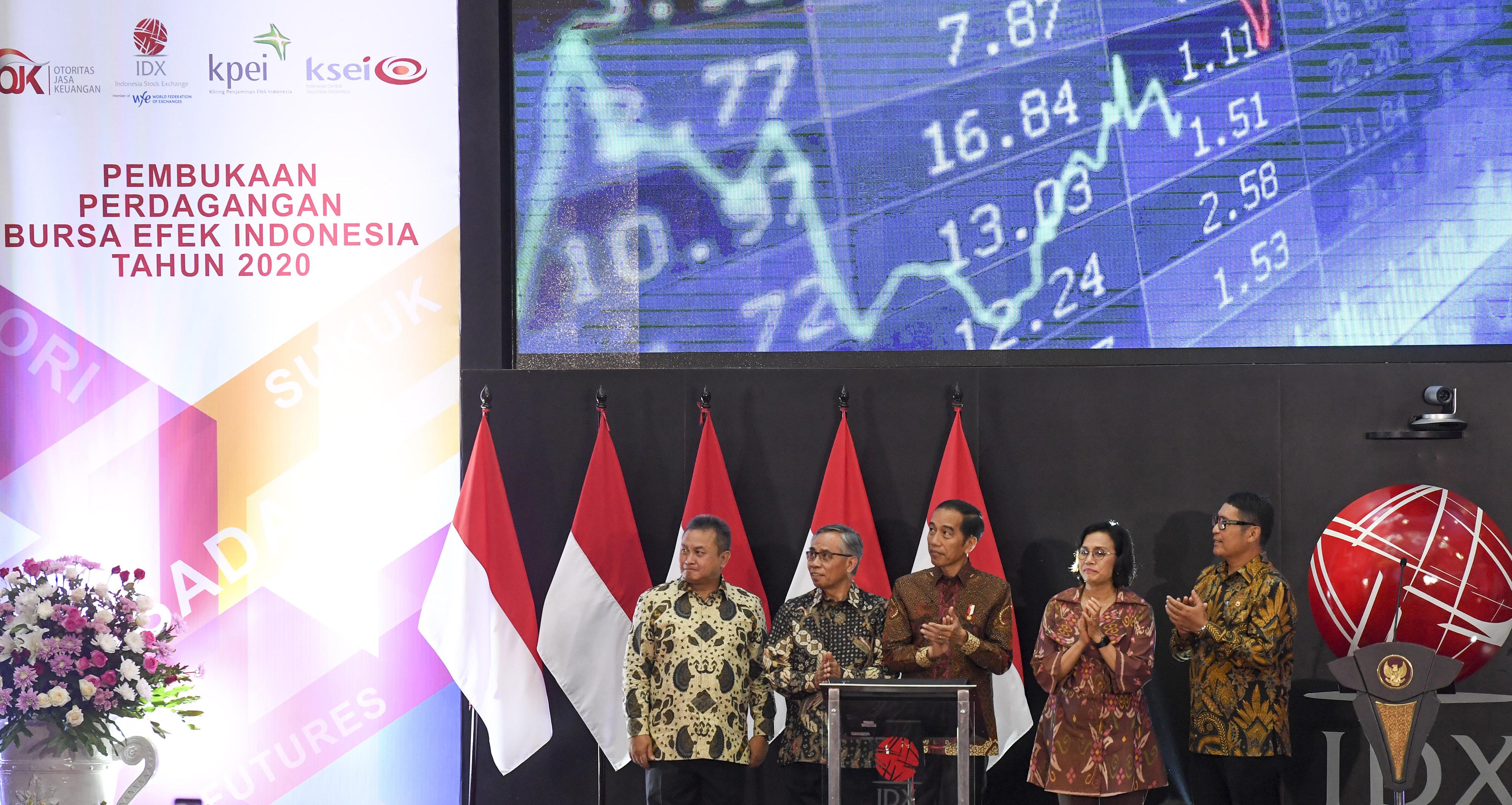 Presiden Joko Widodo (tengah) saat membuka perdagangan saham tahun 2020 di gedung BEI, Jakarta, Kamis (2/1).