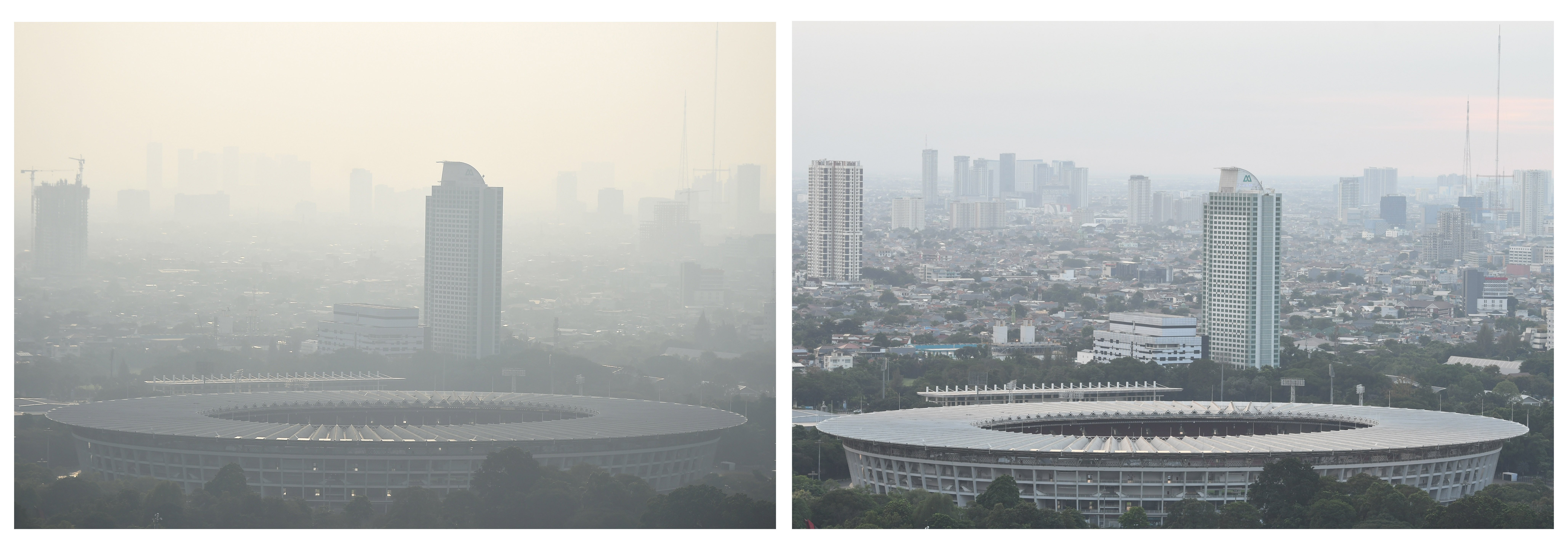 Perbandingan suasana gedung bertingkat tersamar kabut polusi udara sebelum pandemi COVID-19 (kiri) dan saat pandemi COVID-19, Selasa (19/5) 
