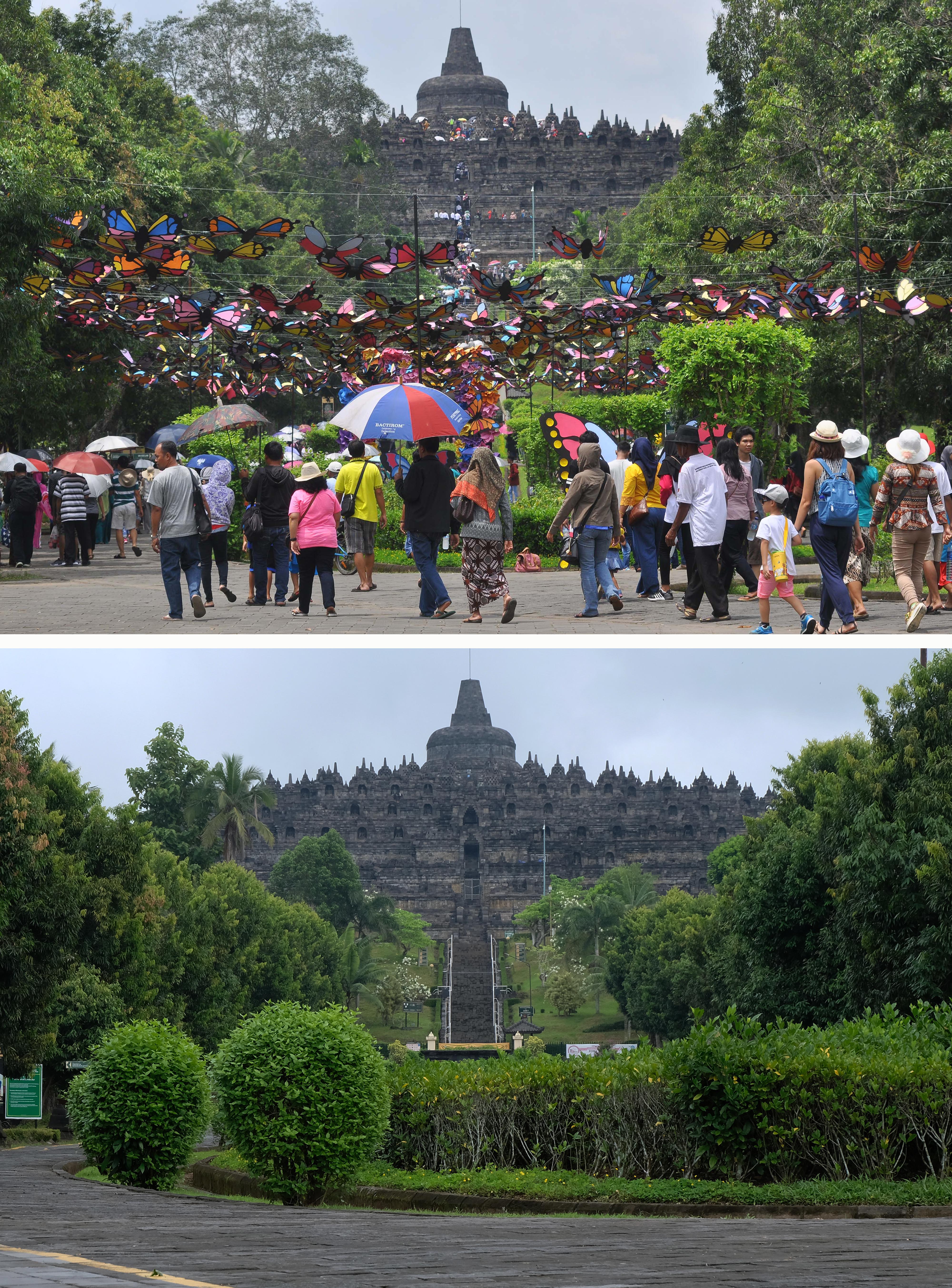 Borobudur sebelum Covid-19 (atas), Borobudur setelah ditutup karena wabah Covid-19>