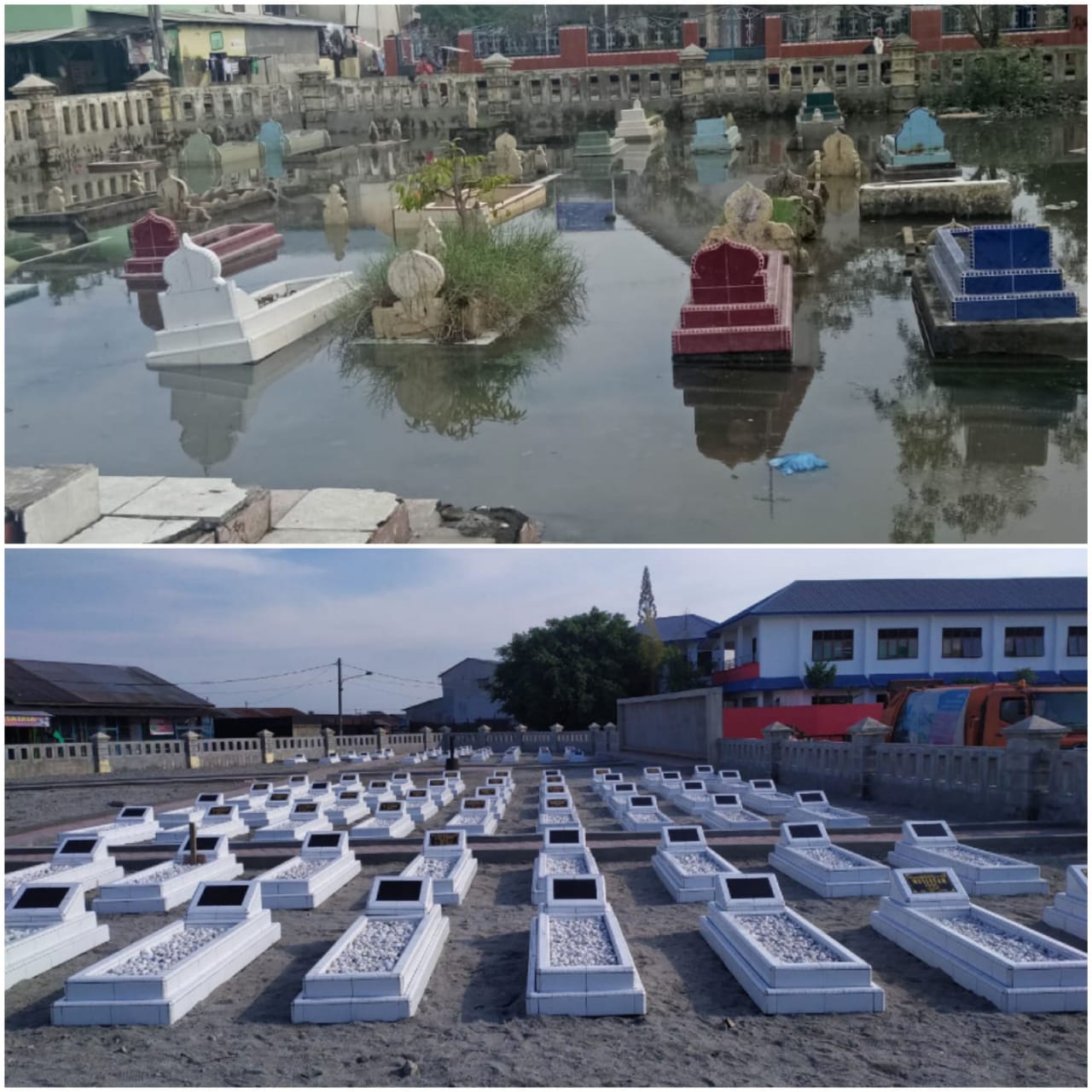 Kolase foto sebelum dan sesudah pemugaran Taman Makam Pahlawan (TMP) Raden Sulian di Belawan, Kota Medan.